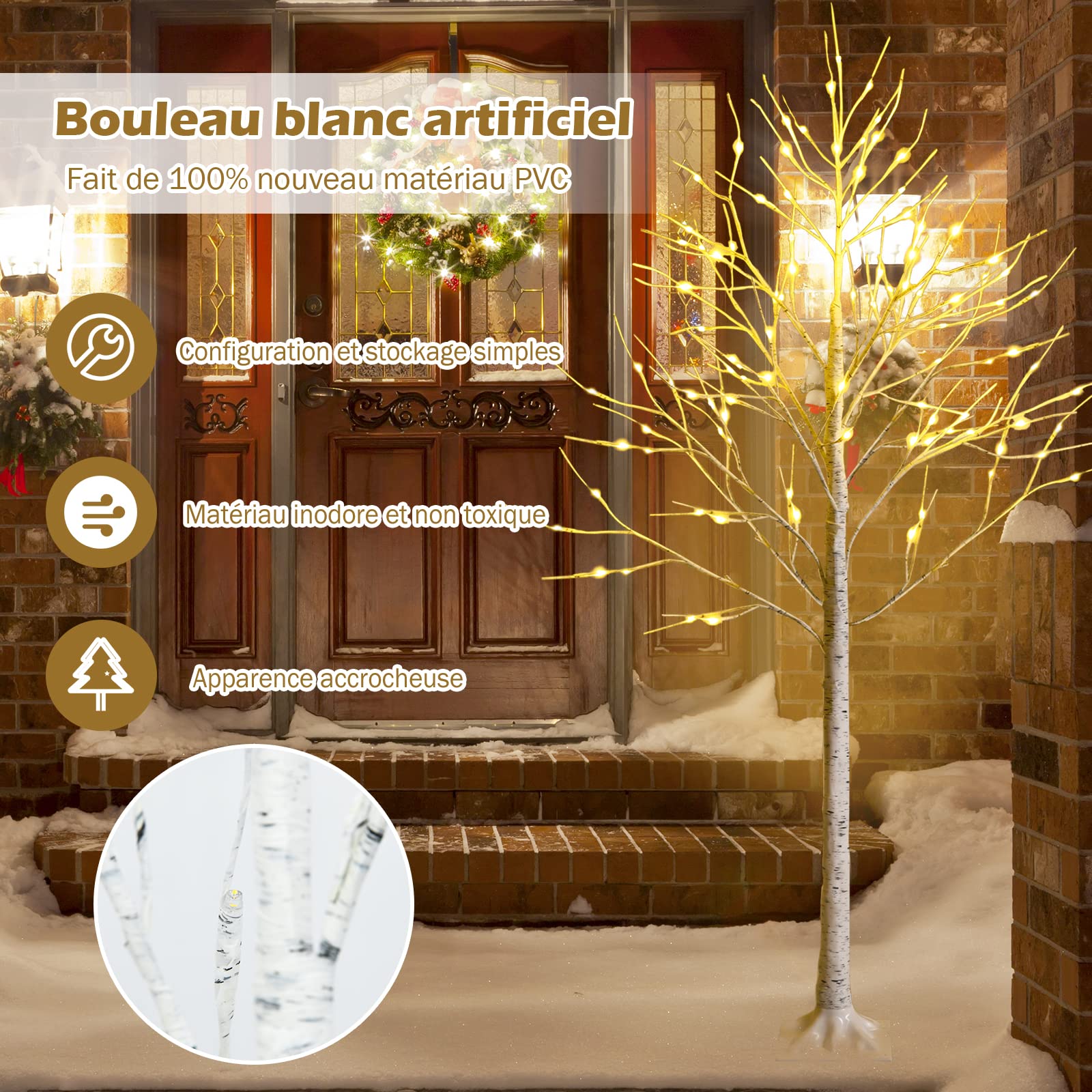COSTWAY Arbre Lumineux Noel, Arbre Bouleau Lumineux 180 cm, 96 LED Lumineux Blanc Chaud, Base Plastique, Décoration Intérieur pour Noël