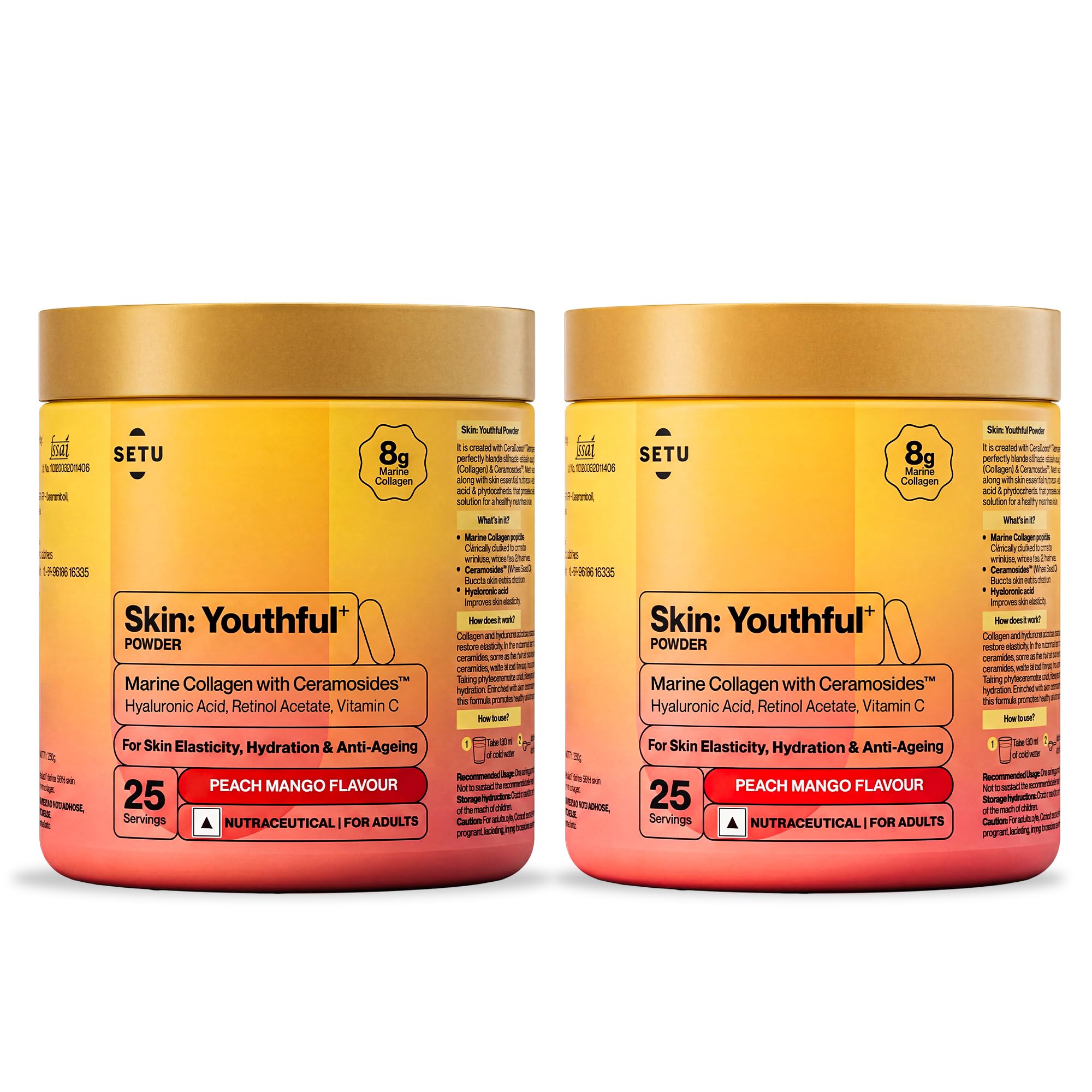 Setu Skin: Youthful | Upgraded 8g Marine Collagen + Ceramosides™ | 4X Faster Hydration | Reduces Fine Lines & Wrinkles | Monk Fruit Sweetened | Peach Mango (50 Servings)