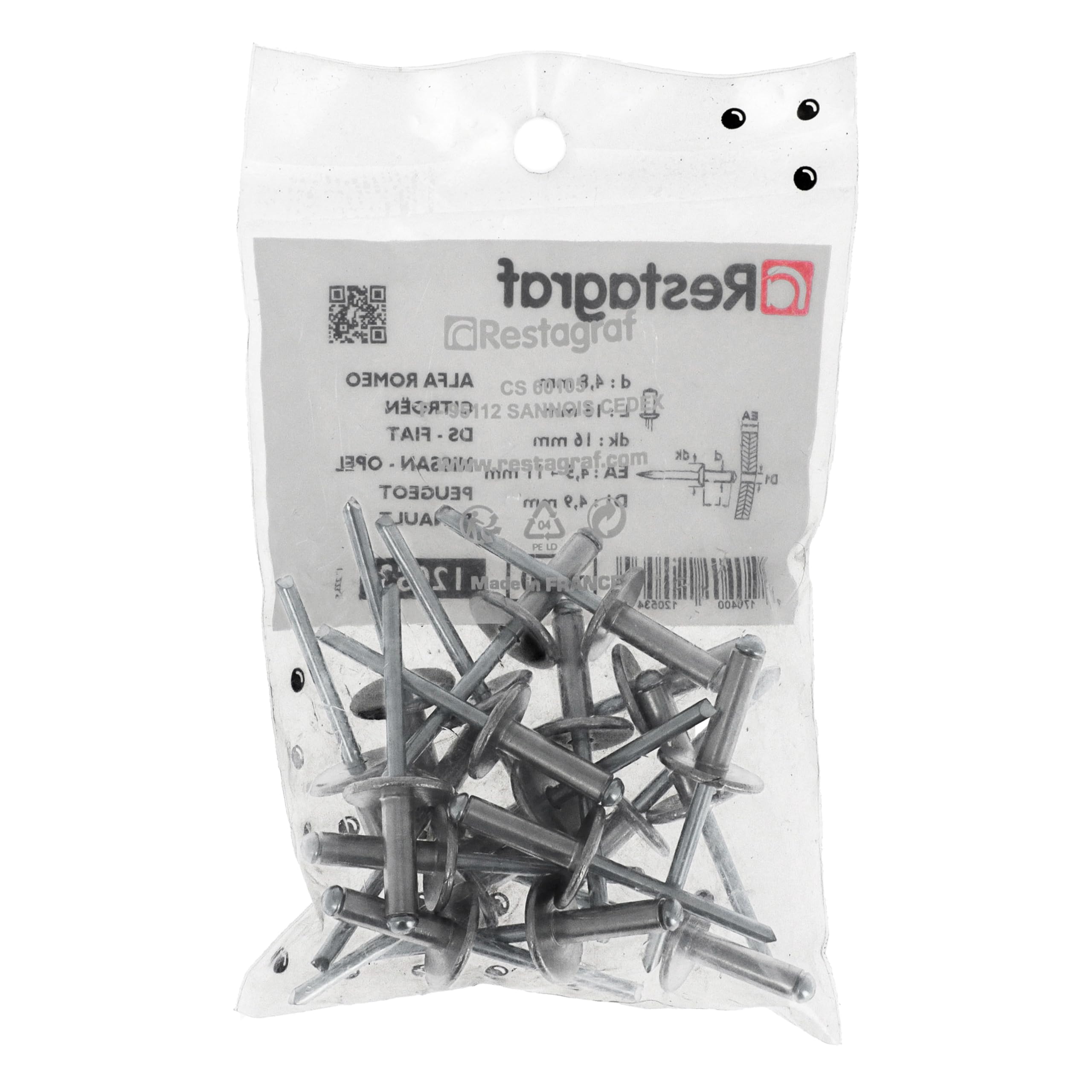 Restagraf - Nit aluminiowy z szeroką głowicą i stalowym trzonkiem - Kompatybilny z Alfa Romeo, Alpine, Citroen, Dacia, DS, Fiat, Lancia, Mitsubishi - Średnica 4,8 mm - Długość 16 mm - Nr ref. 12053