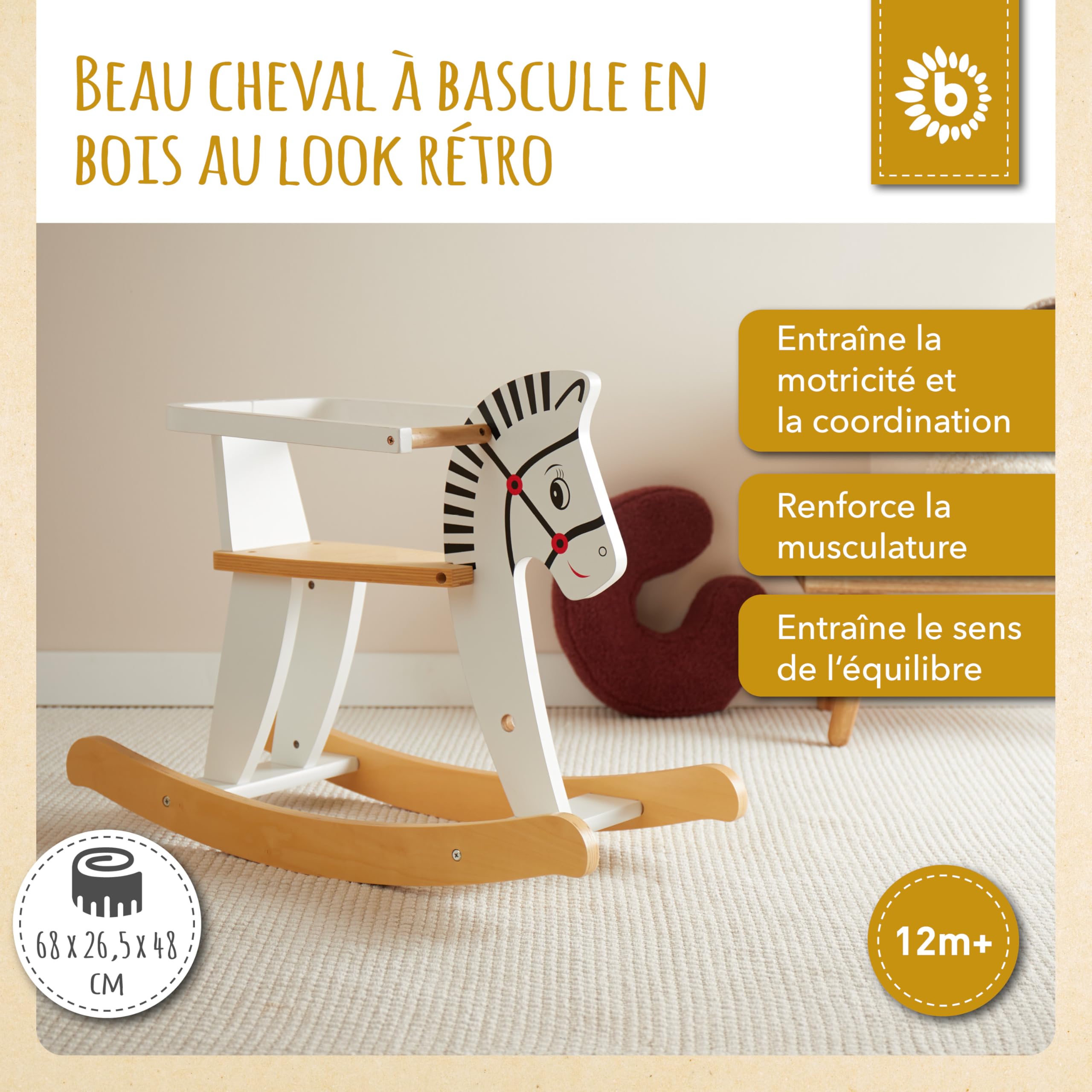 BIECO Cheval à Bascule Zebra 68x26,5x48cm Bois dès 1 an Jouet Exterieur Enfant