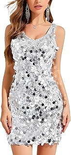 Women's Sequin Dress Sparkly Glitter V Neck Sleeveless Shift Dress Cockt...