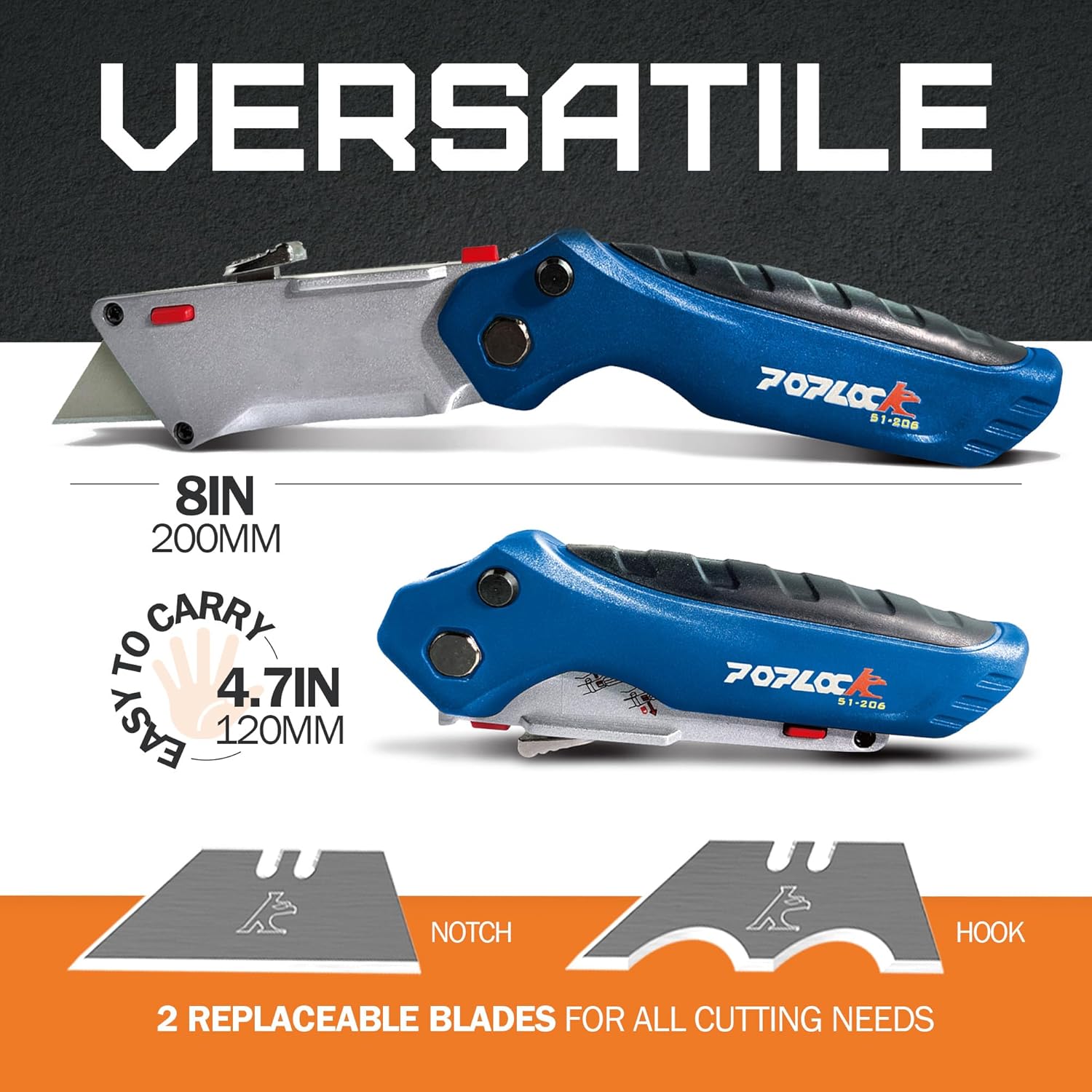 POPLOCK Folding Utility Knife with Patented K-Hook Blade & Notch Razor – Dual Blade Retractable Box Cutter for Roofing, Drywall, Carpentry & Multi‑Angle Cutting