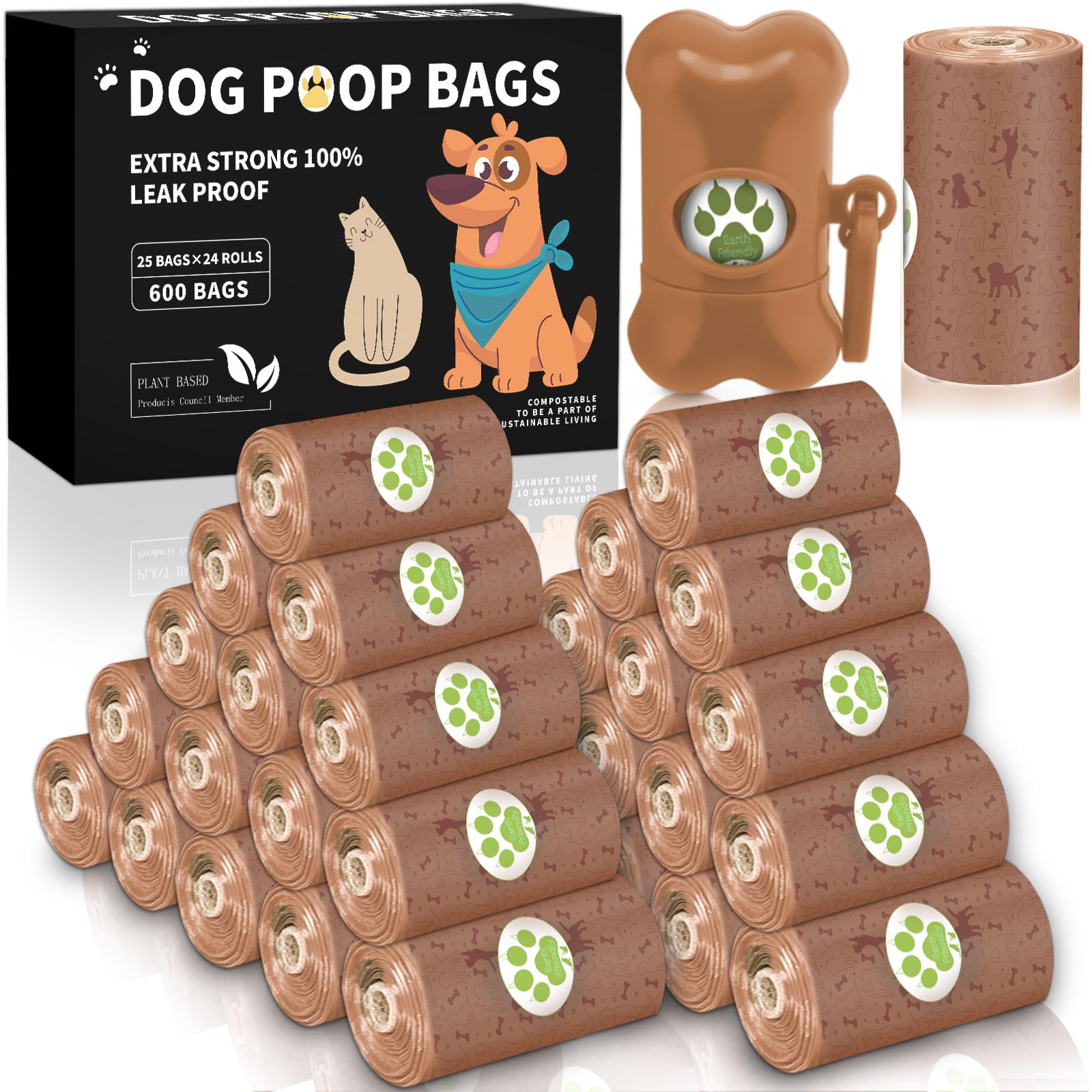 ZQEJEFD Bolsas Caca Perro, 600 Unidades/24 Rollos Bolsas para Excrementos de Perro con 1 Dispensador, Dog Poop Bags,Extra Grueso y a Prueba de Fugas Bolsas Excrementos Perros,Ligero Aroma a Limoncillo
