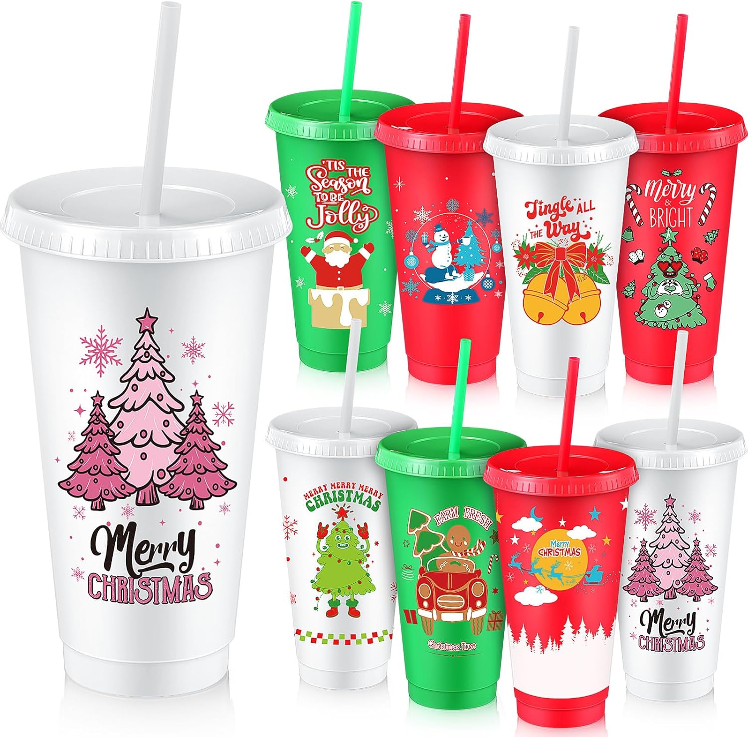 Skylety 24 Pcs Christmas Cups with Lids and Straws Bulk, 24 oz Reusable Plastic Christmas Tumblers Xmas Drinking Coffee Cups for Holiday Party Supplies and Home Office Gift