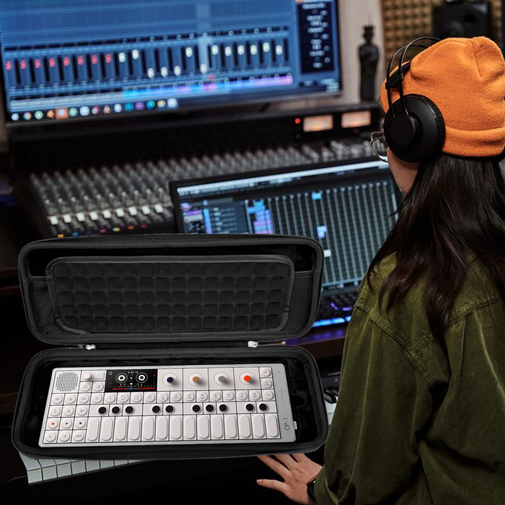Musiin Custodia per sintetizzatore audio compatibile con Teenage Engineering OP-1 Field/OP-XY, custodia portatile per attrezzatura musicale con tasca superiore in rete e struttura scanalata per un