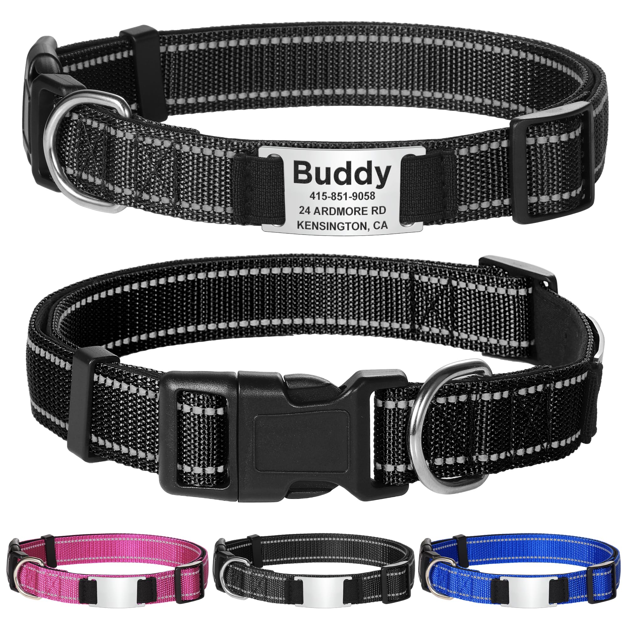 GISUREY Nylon Personalized Dog Collars - Reflective Dog Collar with Name Tag Engraved, Soft Neoprene Padded Breathable Dog Collar Adjustable for Small/Medium/Large Dogs (Black, M)