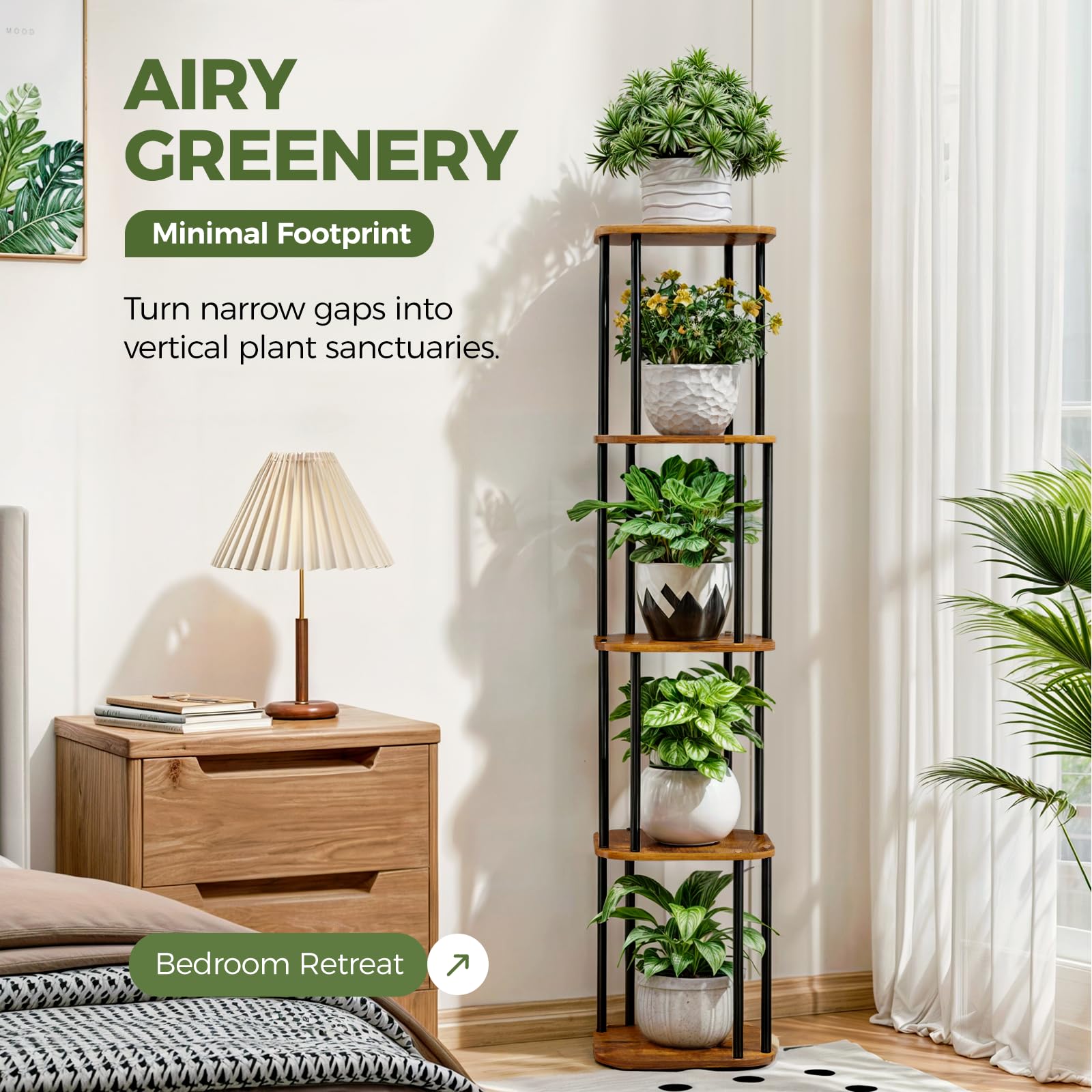 Outsunny Supporto per piante a 5 livelli per interni ed esterni, scaffale per piante con 4 ruote, supporto per piante in acciaio e legno per giardino, terrazza, balcone, soggiorno, legno naturale