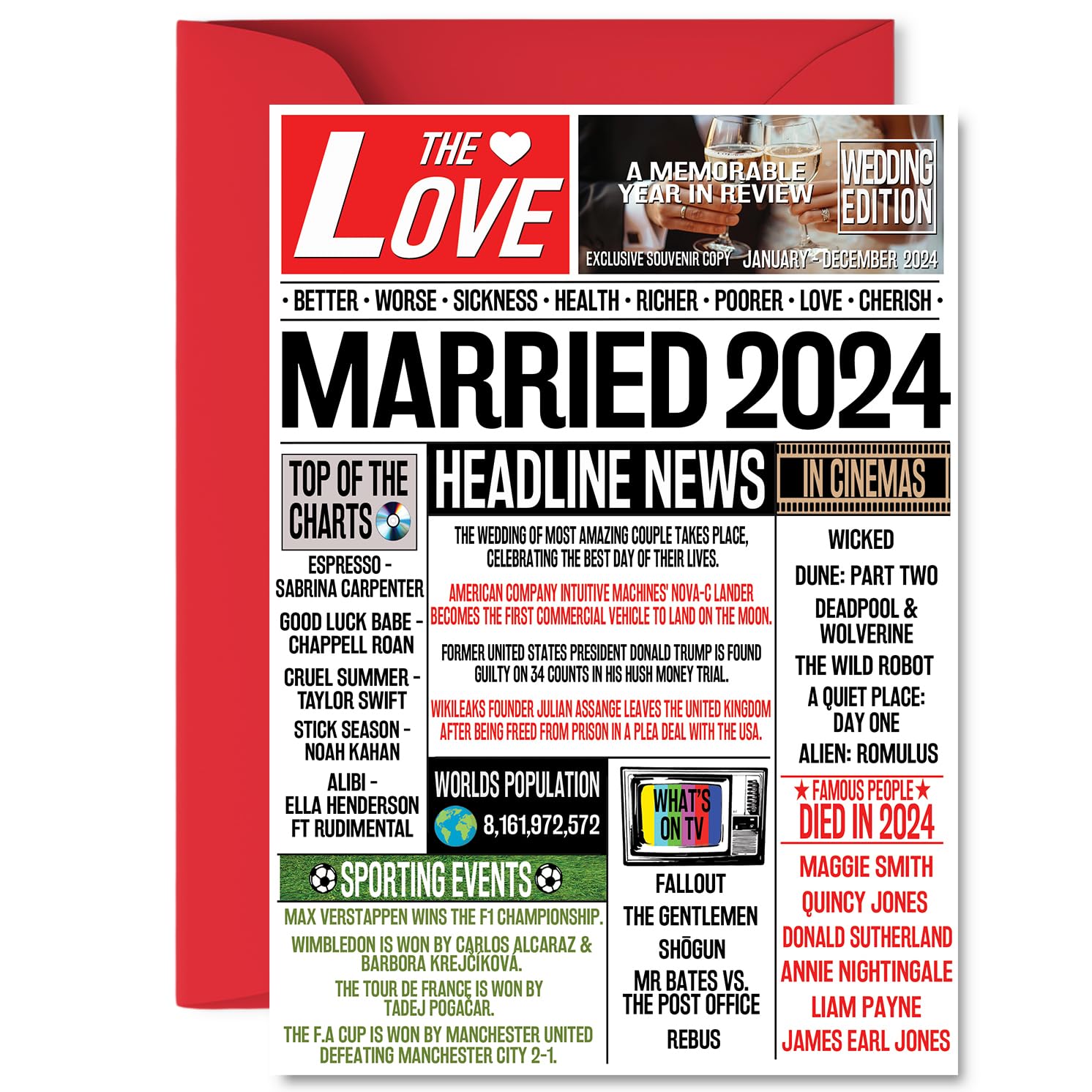 2nd Anniversary Card for Men Women - Newspaper Married in 2024 - Happy 2 Year Wedding Anniversary Card for Wife Partner Husband Companion, A5 Anniversaries Greeting Cards