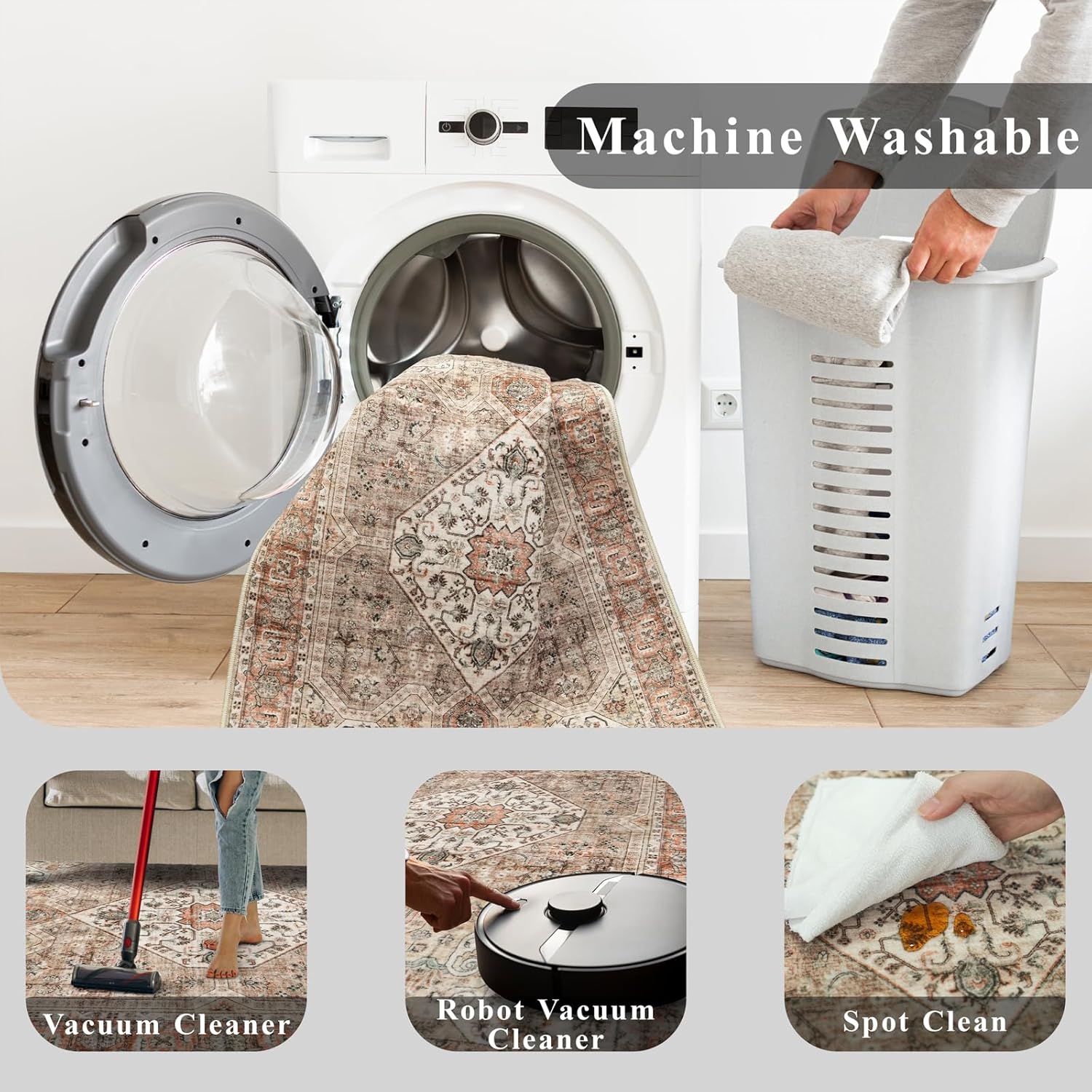 Washable 9x12 Large Area Rug: Vintage Non-Slip Backing Rugs for Living Room Stain Resistant Bedroom Carpet Soft Medallion Farmhouse Floor Mat for Dining Room Home Office 9x12 Brown/Orange