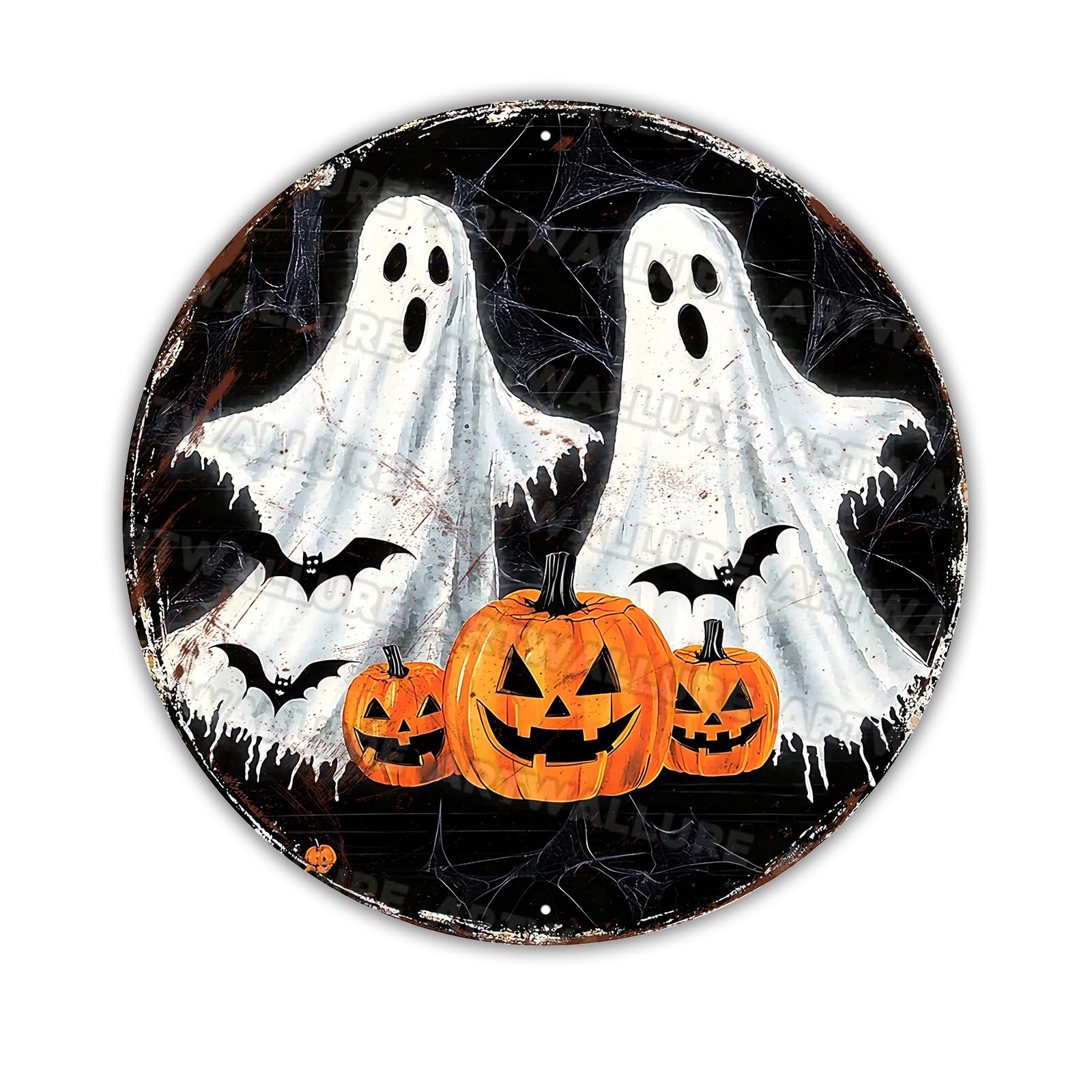 Round Happy Halloween Wreath Vintage Sign Halloween Ghost Metal Tin Sign for Home Bar Kitchen Hotel Dining Room Coffee 8x8inch