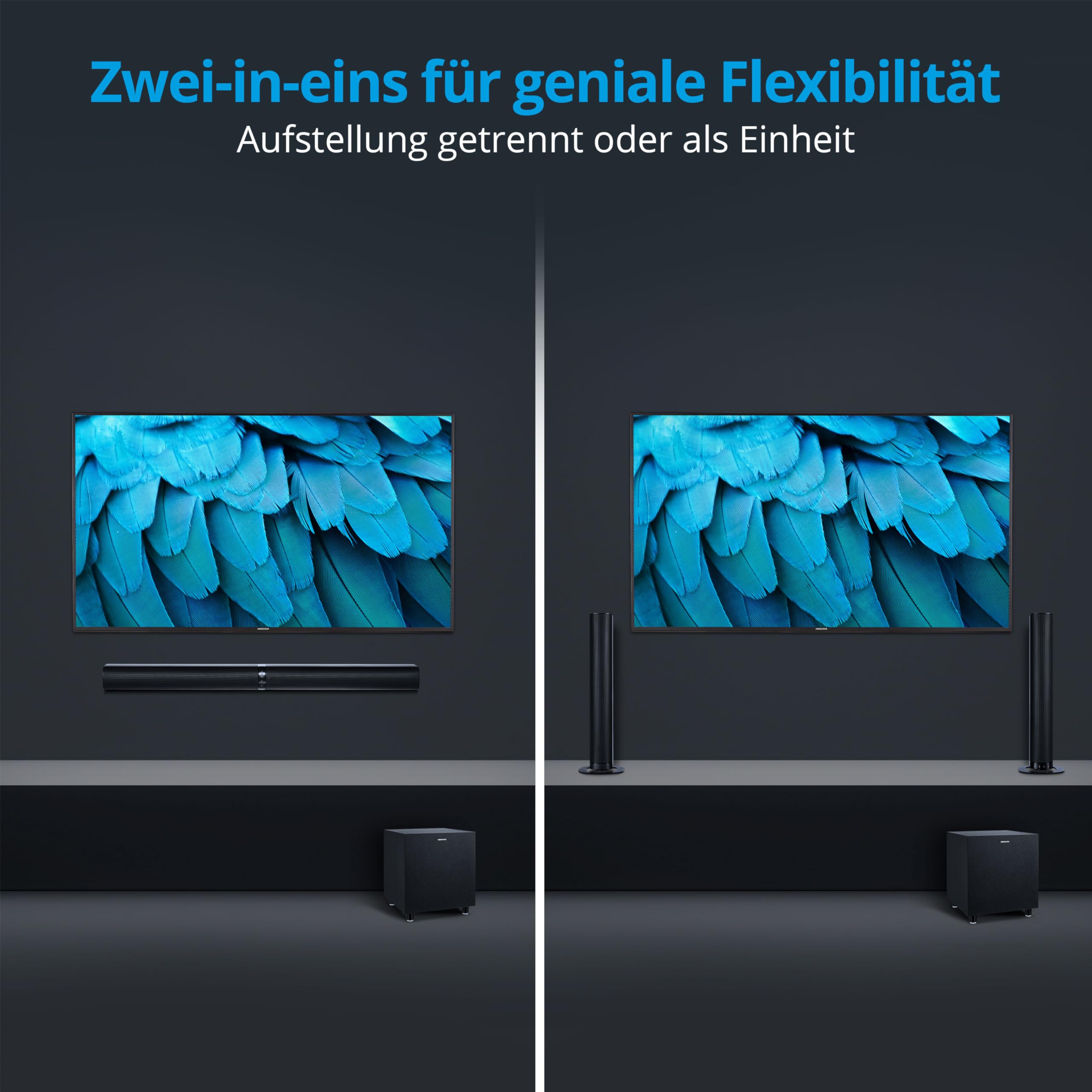 MEDION P64150 2 w 1 Convertible Bluetooth Soundbar TV z subwooferem radiowym (soundbar 2.1, 2 x 30 W, subwoofer, 60 W, montaż ścienny, HDMI ARC z CEC, AUX, wejście optyczne)