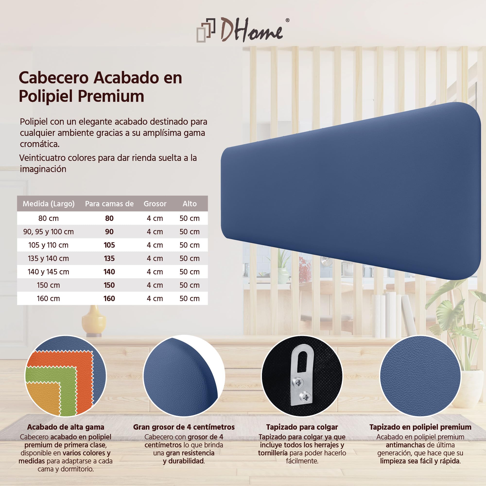 DHOME Testata Imbottita Liscia Arrotondata in Similpelle per Parete Acustica Testate Fonoassorbenti Testiera Letto Camera da Letto (Blu, 160cm)