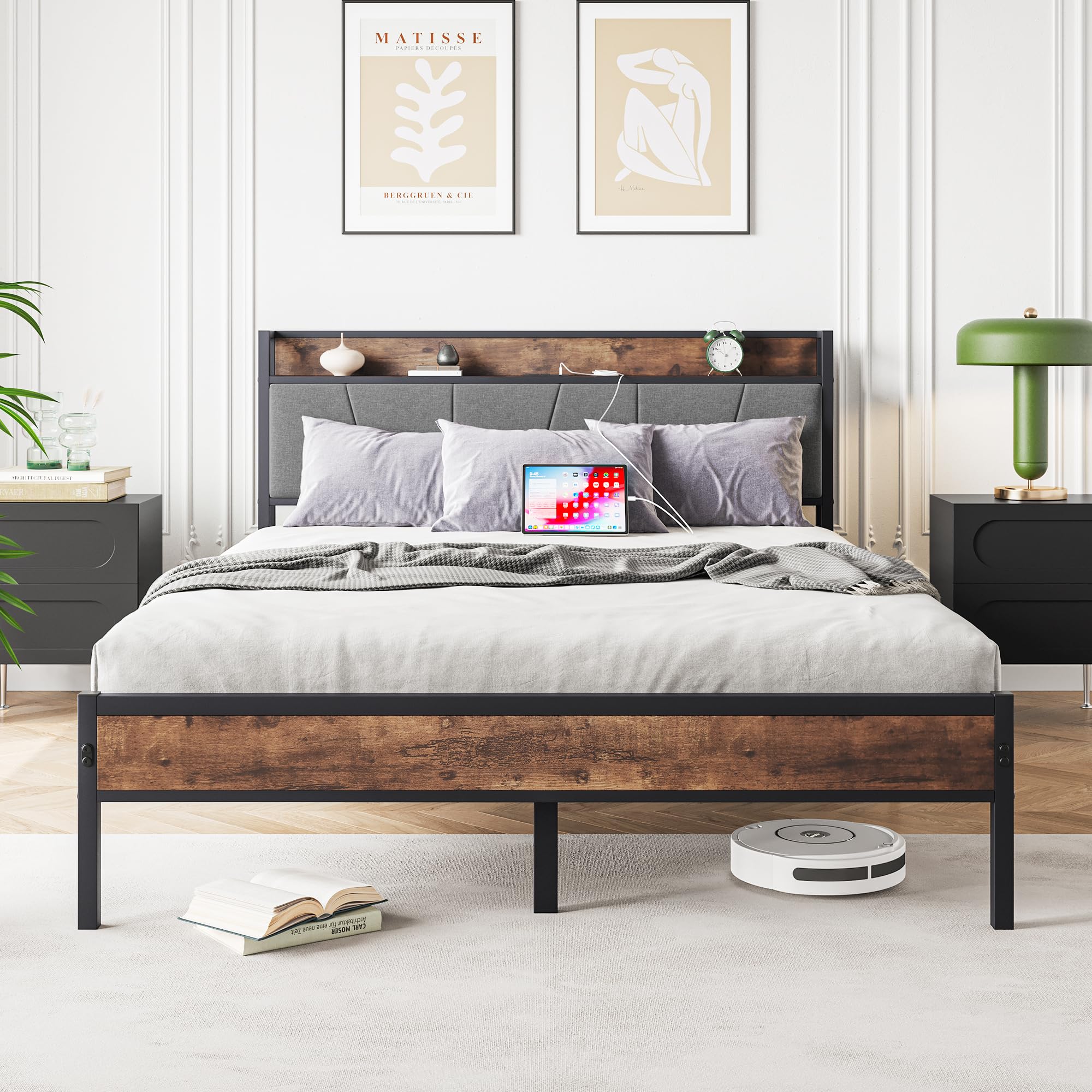 Livavege Queen Bed Frame, Storage Headboard with Charging Station, Metal Queen Platform Bed w/Wooden Headboard and Footboard, Large Under Bed Storage,