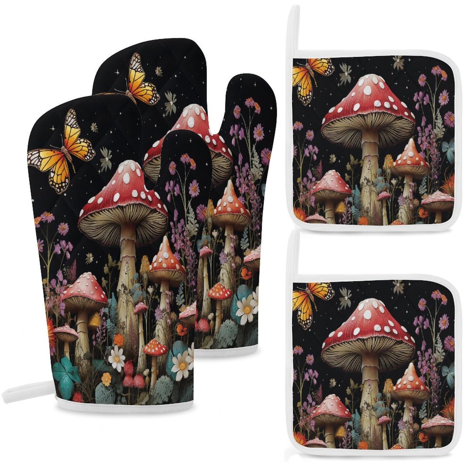 Fekiloot Style Mushrooms And Butterflies On Black Background Oven Mitts And Pot Holders 4-Piece Set, Kitchen Oven Glove With Hanging Loop, Bbq Gloves For Cooking Baking Grilling
