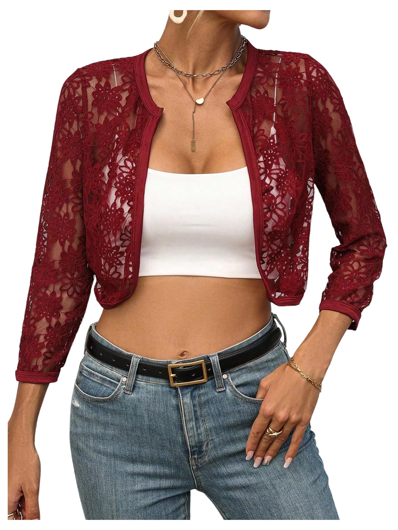 OYOANGLE Womens Lace Mesh Open Front Cropped Cardigans 3 4 Sleeve Dressy Jackets