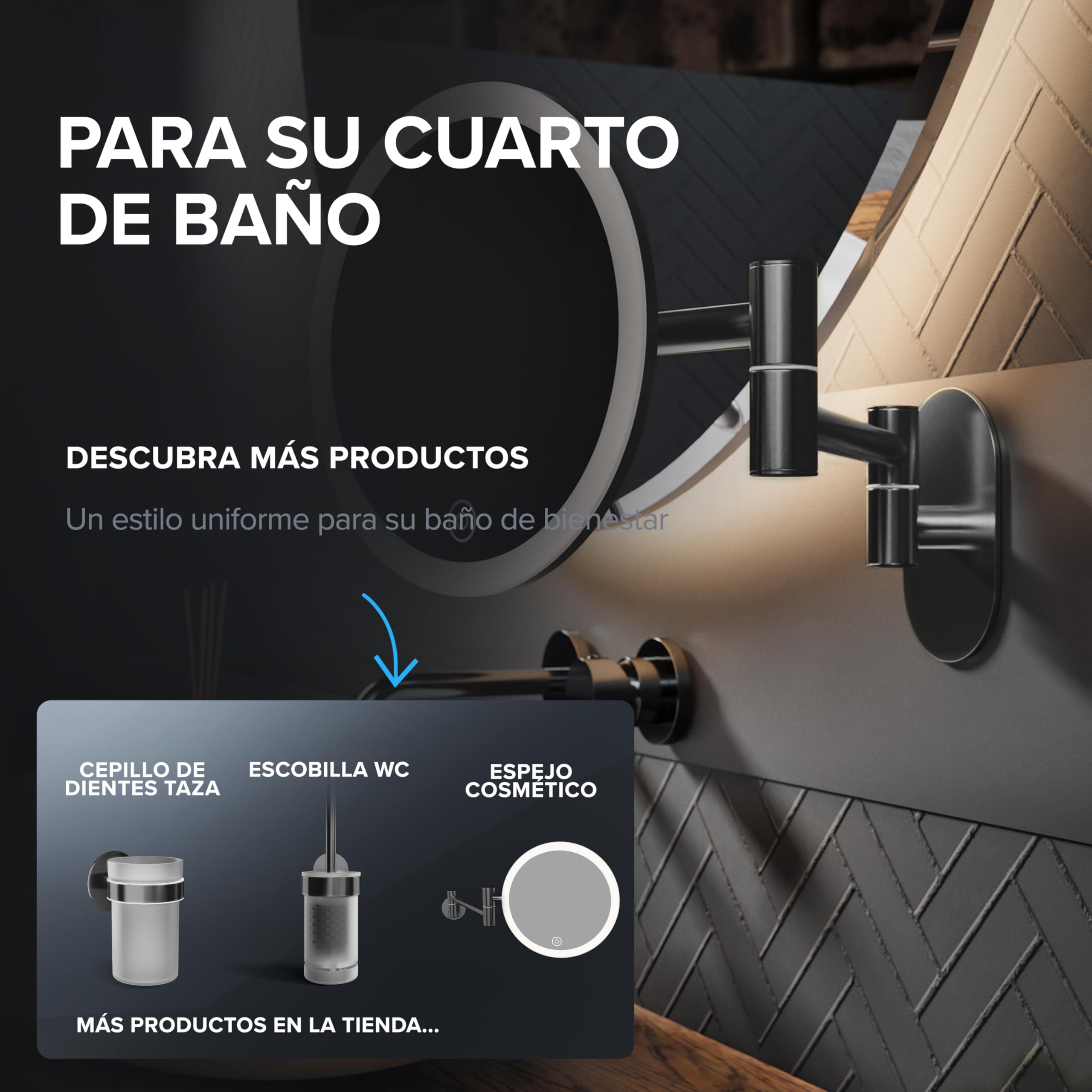 Espejo de aumento Ringstind Gunmetal | con iluminación | recargable | Montaje en pared sin taladrar | en el baño | Espejo de aumento 5x | Espejo de maquillaje con luz | espejo de 360 ​​​​grados
