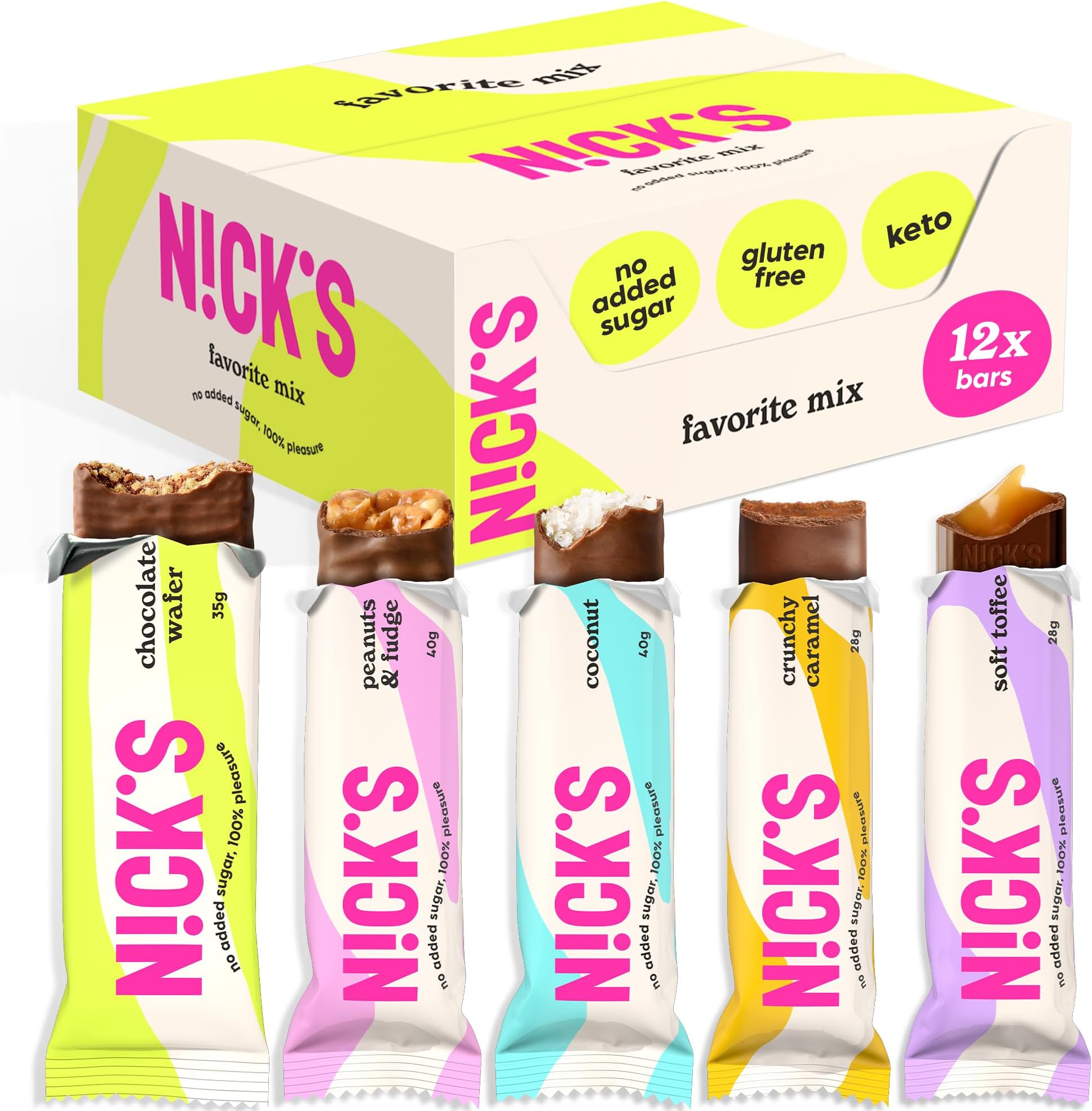 N!CK'S Chocolate bar Favourite Mix Variety Box, Keto Snack Bars No Added Sugar Gluten Free Candy Bars Low carb Sweets (12 x Chocolates)