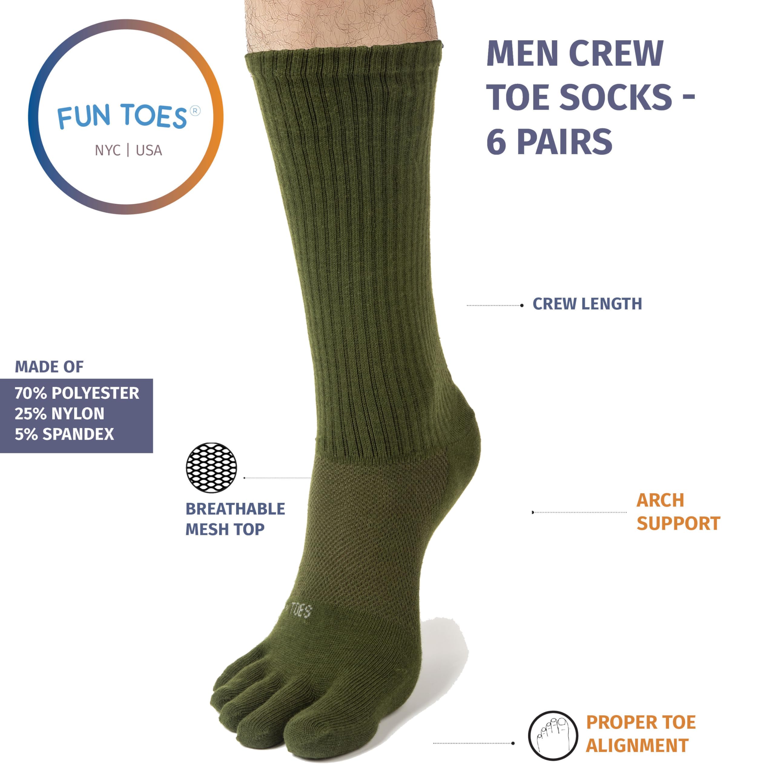 FUN TOES Men Crew Toe Socks Athletic Running - Proper Toe Alignment - Breathable Mesh Top - Value 6 Pairs Pack size 6-12 (Green)