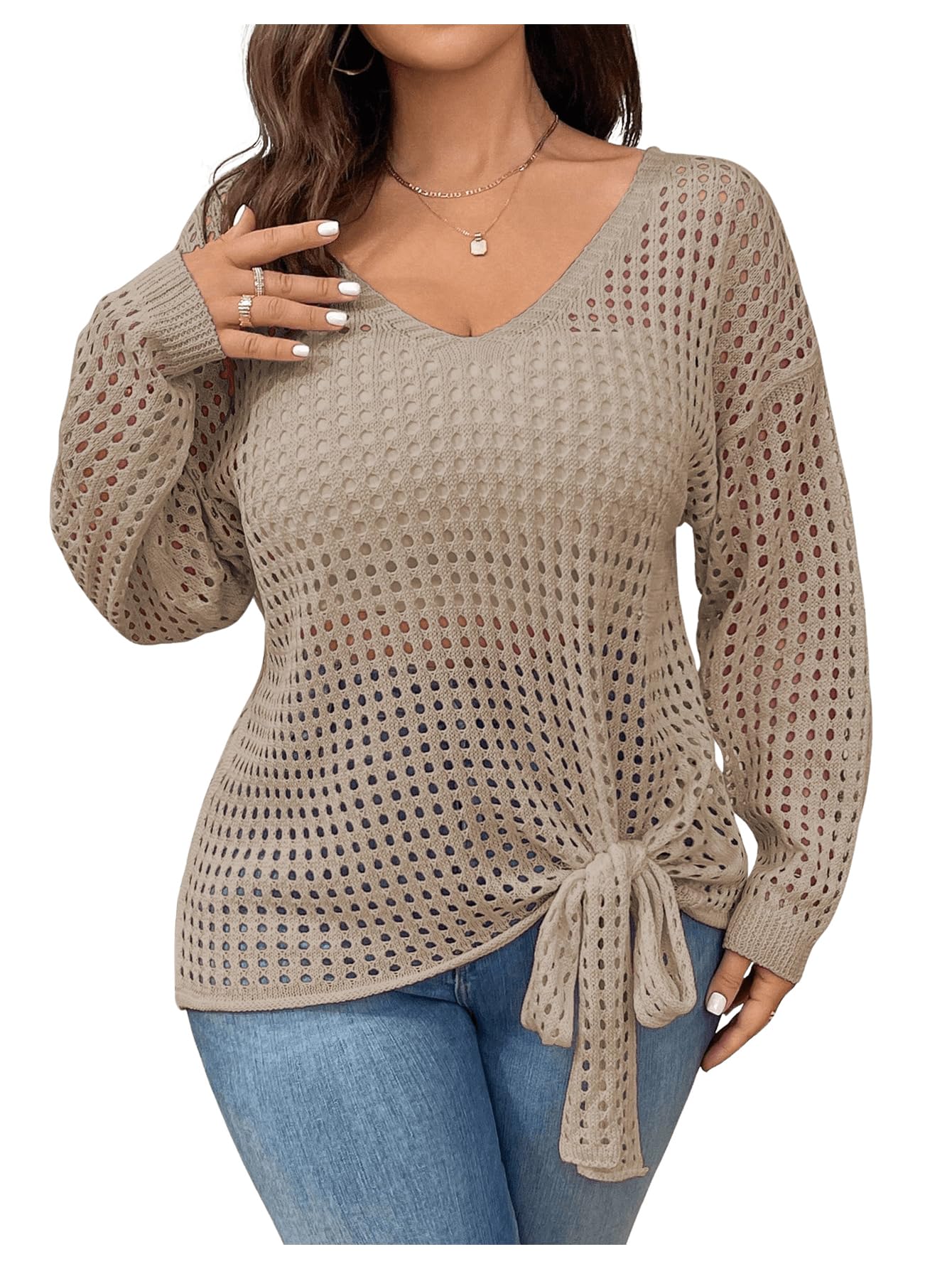 Verdusa Womens Plus Size Hollow Out Crochet Sweaters Bow Tie Knot Pullover Knit Tops