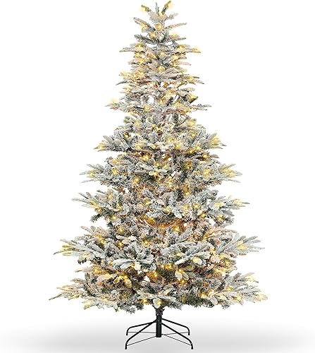 Miniatura 1 de Prelit Árbol de Navidad flocado de 6 pies de pino artificial con 400 luces LED blancas cálidas para decoración de Navidad