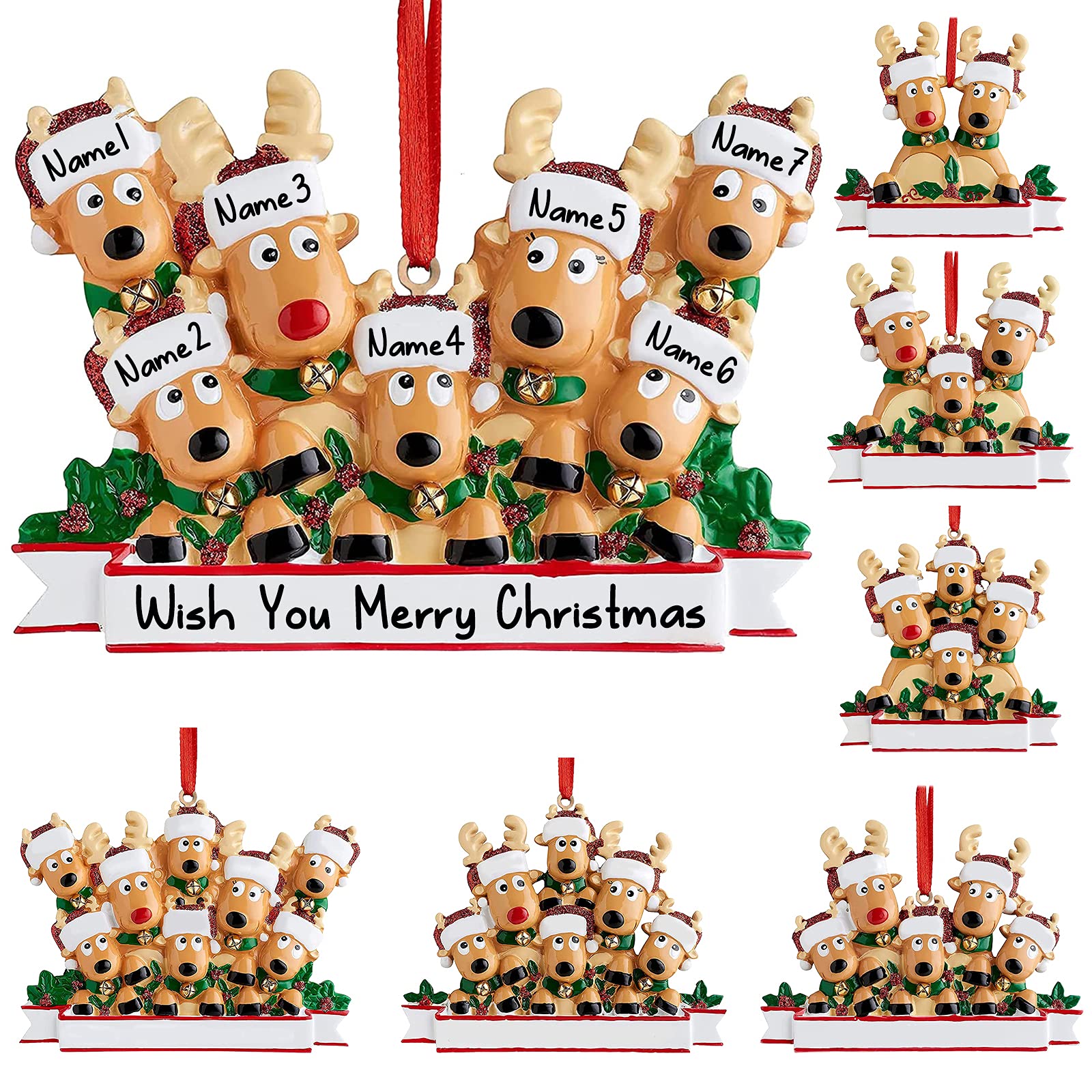 Adornos navideños Personalizados de Ciervos Familia de 2,3,4,5,6,7,8 Nombre Personalizado Adorno navideño de Renos con Texto,Regalos Personalizados de decoración navideña-Familia de 7