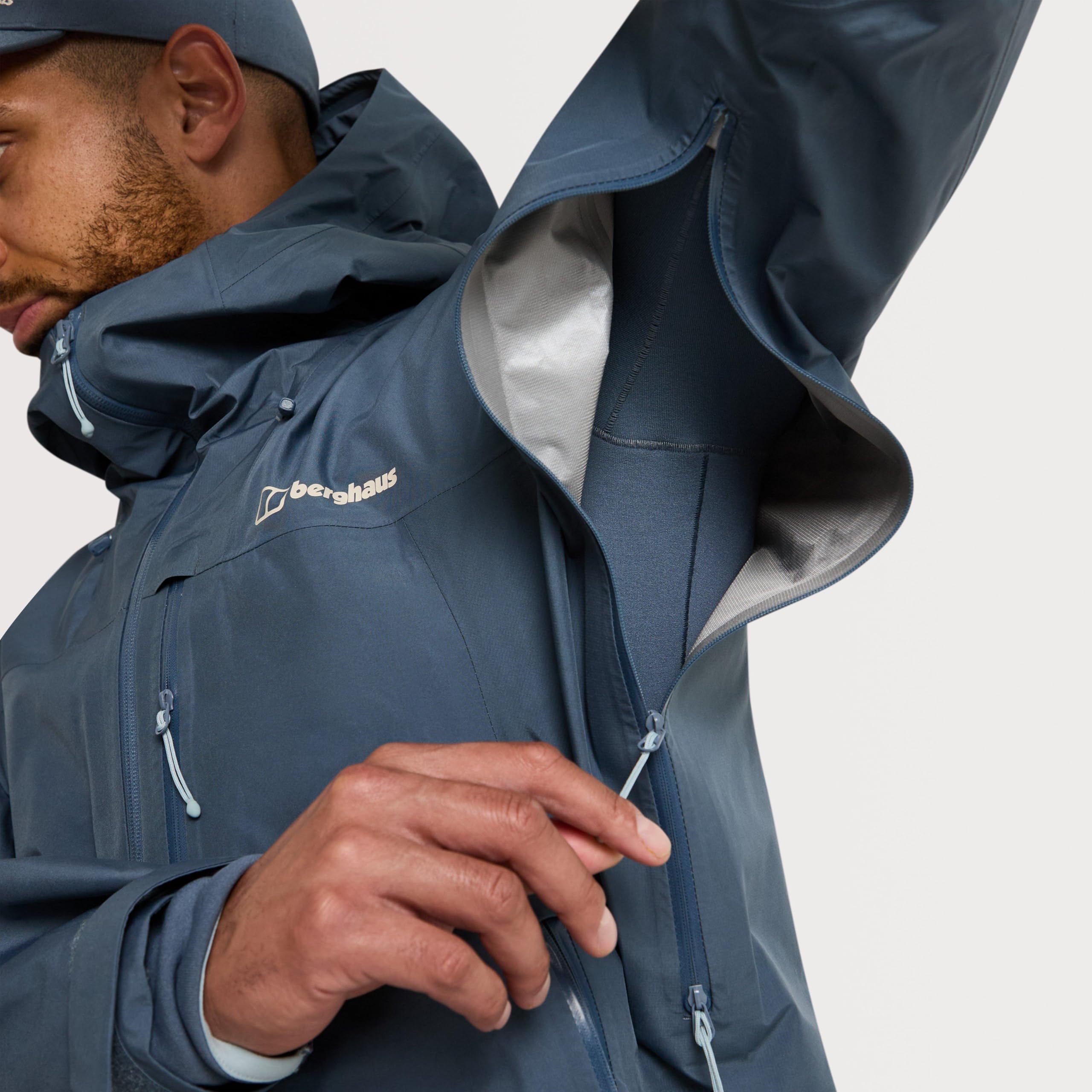 Berghaus Chaqueta impermeable Ridge-Seeker para hombre, Gore-Tex, 3L, transpirable, cremalleras en el hoyo, capucha ajustable, para actividades al aire libre de alta intensidad