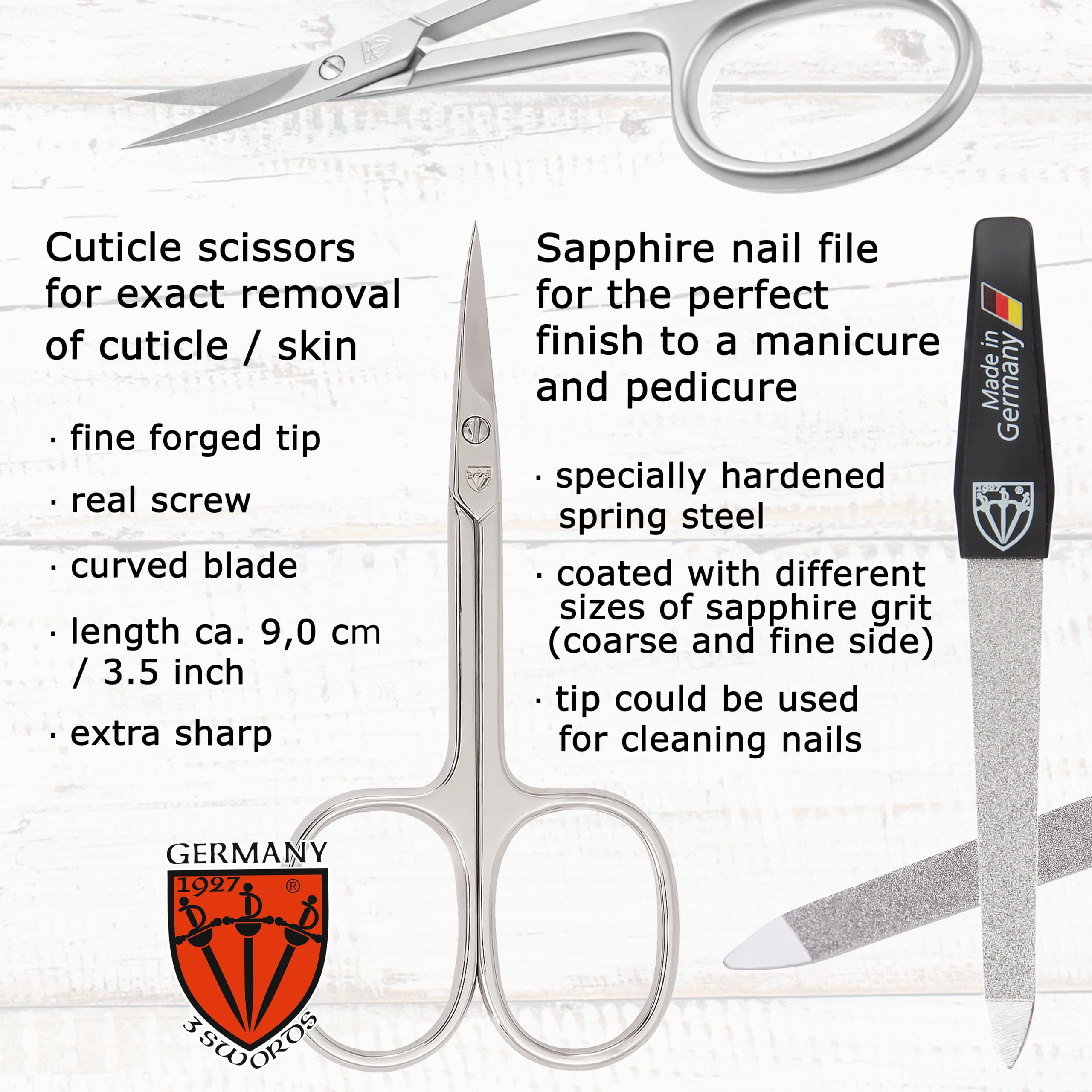 3 Swords Germany - Kit de manucure et pédicure de qualité 6 pièces - Ciseaux, lime à ongles en métal et verre, pince à épiler avec étui en cuir synthétique - Blanc
