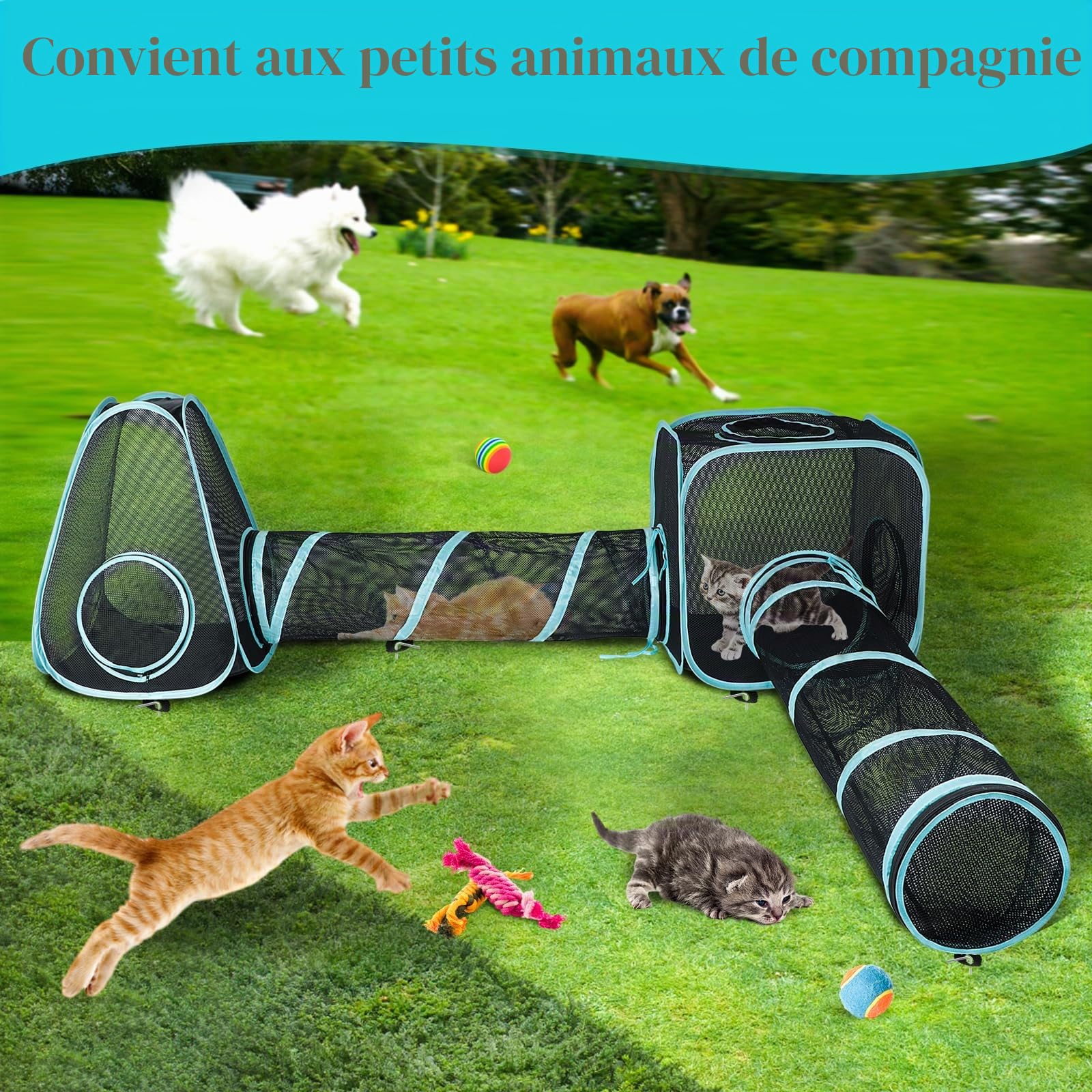Enclos d'extérieur Portable pour Chat de 2,4 m, Tente Pop-up pour Chats avec Tunnels Doubles de 85 x 30 cm à Faire soi-même de Plusieurs façons, Tente de Jeu pour Lapins et Petits Animaux
