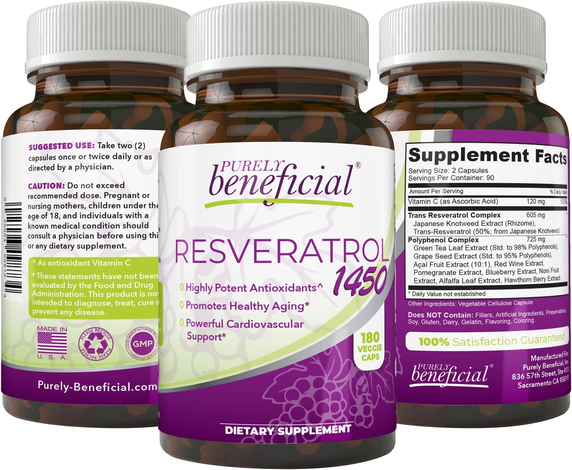 PURELY beneficial RESVERATROL1450-90day Supply, 1450mg per Serving of Potent Antioxidants & Trans-Resveratrol, Promotes Anti-Aging, Cardiovascular Support, Maximum Benefits(1bottle)