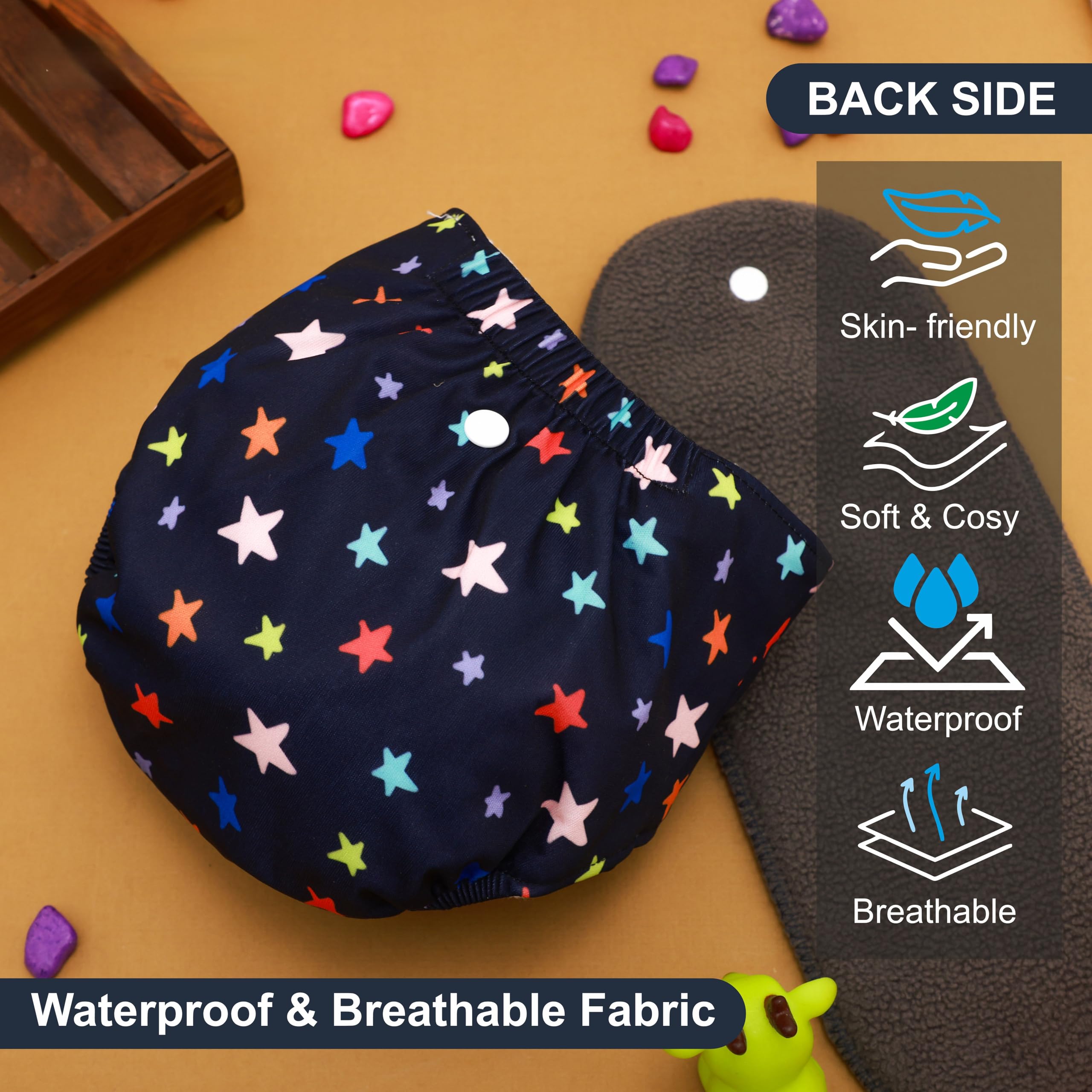 Novo Baby Leakage-Proof Reusable Cloth Diaper with 5-Layer Absorbent Pad | Washable, Freesize Nappies for 0-3 Years | Soft, Eco-Friendly Cloth Diapers for Babies | Comfortable & Reusable for All-Day Comfort (Star) 4