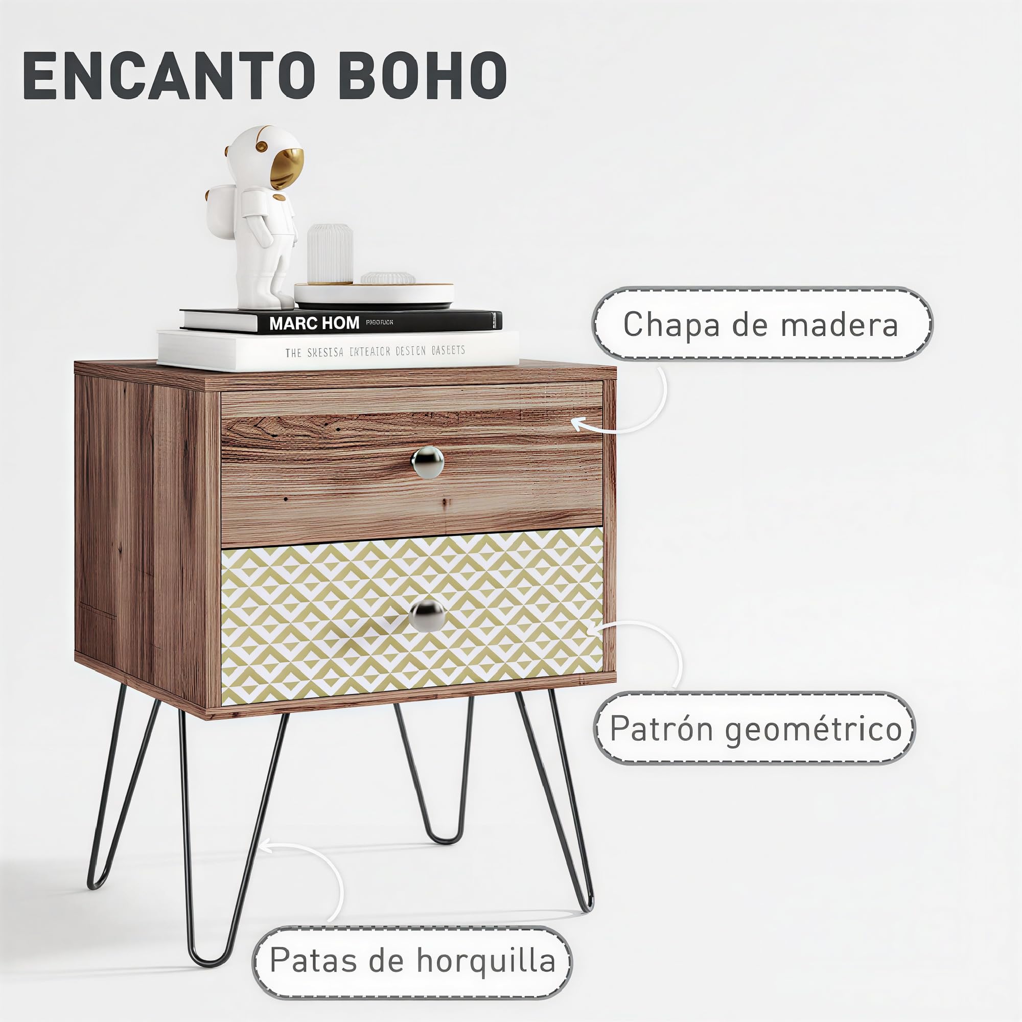 HOMCOM Mesita de Noche con 2 Cajones Mesilla de Noche 45x39x55,5 cm Marrón