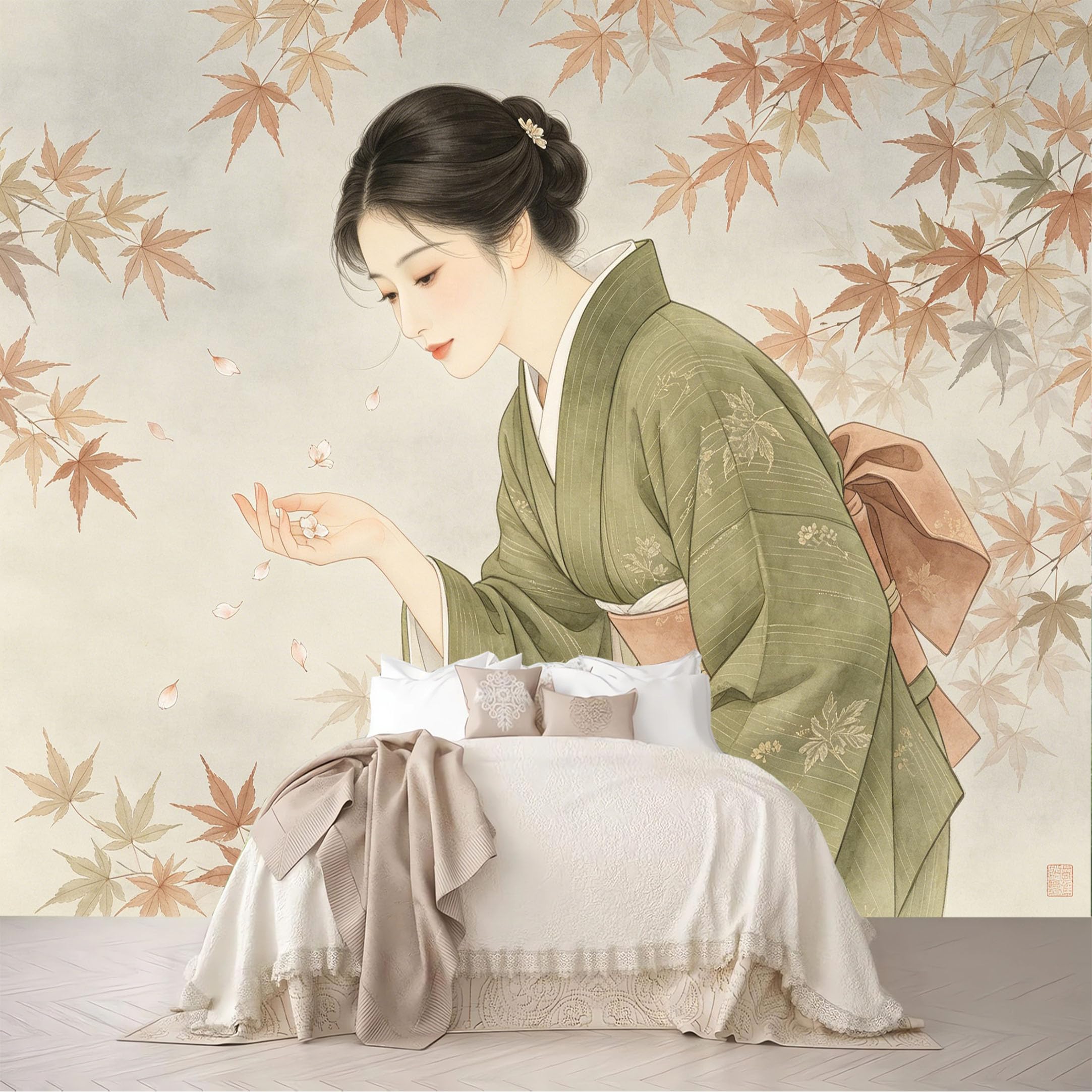 Custom Size Wall Murals Green Kimono Lady Maple Leaf Watercolor Portrait Removable Self-Adhesive for Bedroom Living Room Dining Room