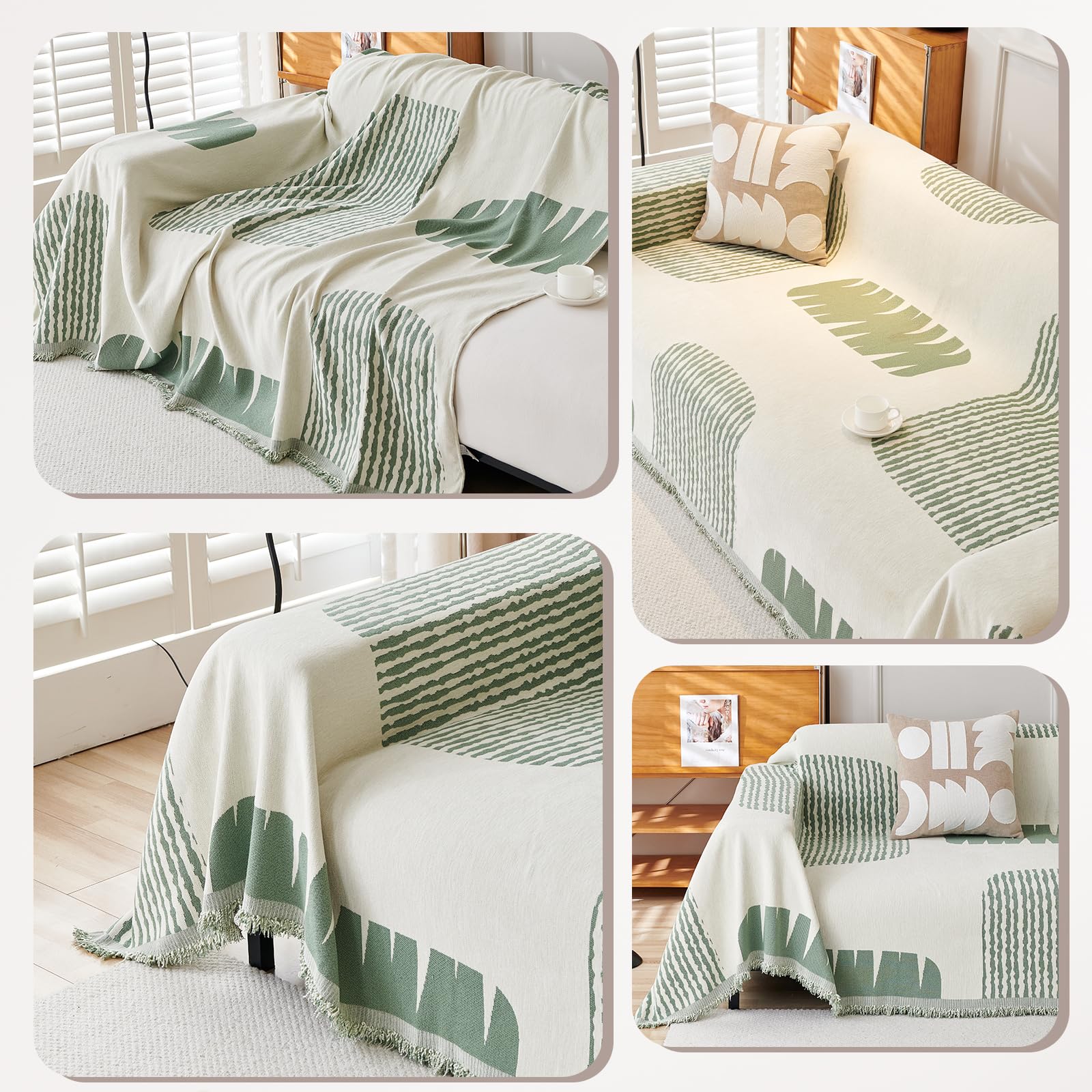 Copridivano, Copridivano Universale Quattro Stagioni, Copritutto per Divano Arredamento per La Casa, Coperta per divano in Ciniglia con Frangia Delicata 180 * 380cm-Verde