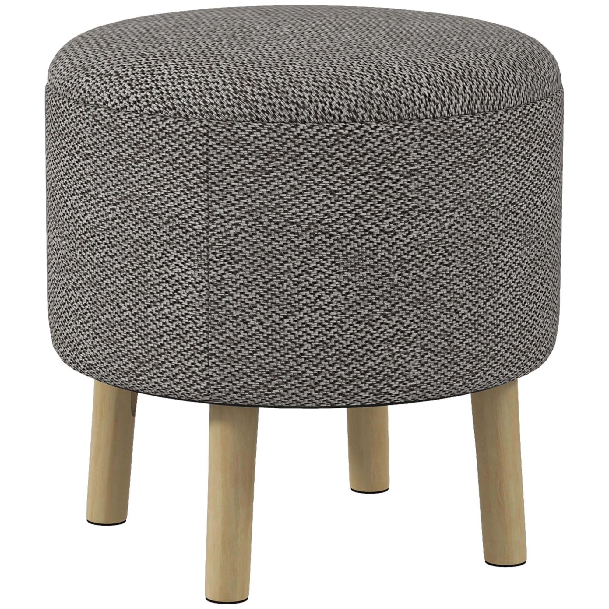 HOMCOM Round Storage Stool, Linen Fabric Upholstered Foot Stool with Removable Top, Padded Seat, Hidden Space and Wooden Legs for Living Room, Light Grey