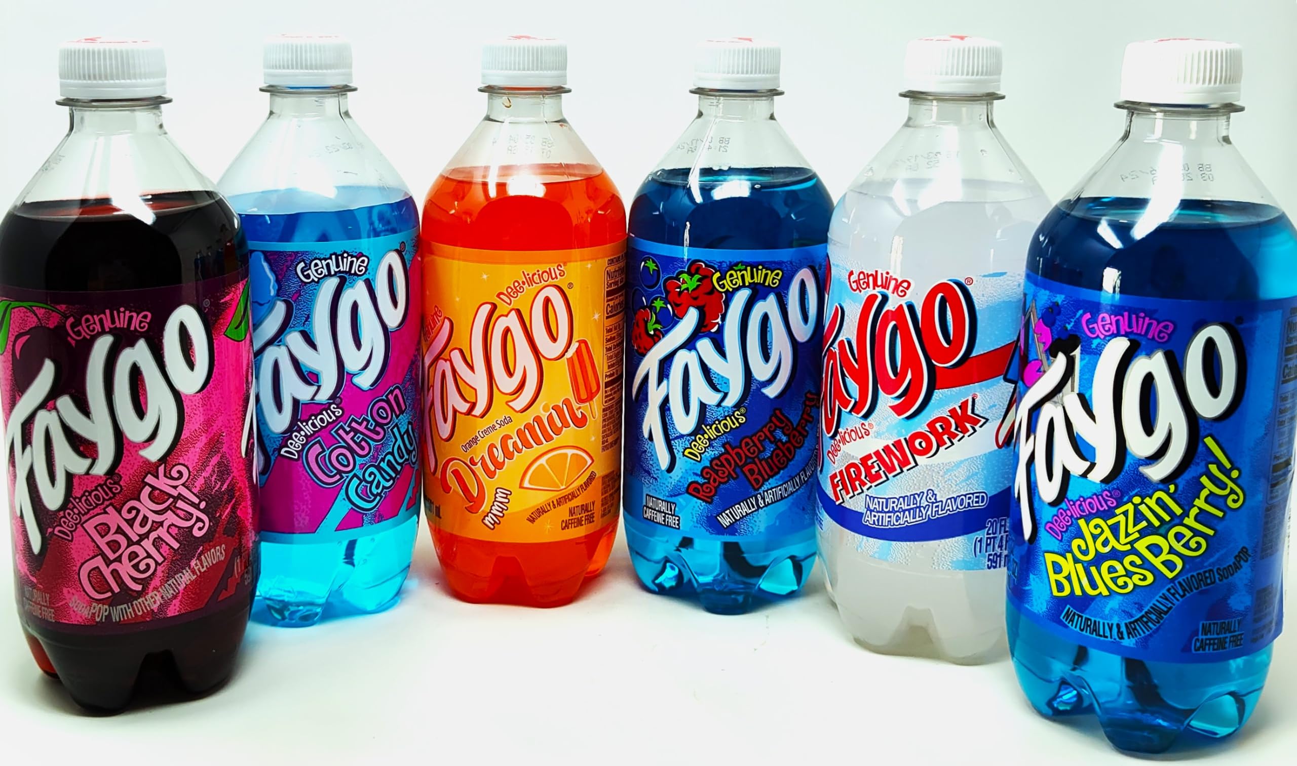 Amazon.com : Faygo 20 oz Variety 6 pack -1 each Black Cherry, Cotton Candy, Dreamin Orange Cream Soda, Raspberry Blueberry, Firework, Jazzin Blues berry pop Soda Soft Drink Great for office or Amazon.com : Faygo 20 oz Variety 6 pack -1 each Black Cherry, Cotton Candy, Dreamin Orange Cream Soda, Raspberry Blueberry, Firework, Jazzin Blues berry pop Soda Soft Drink Great for office or