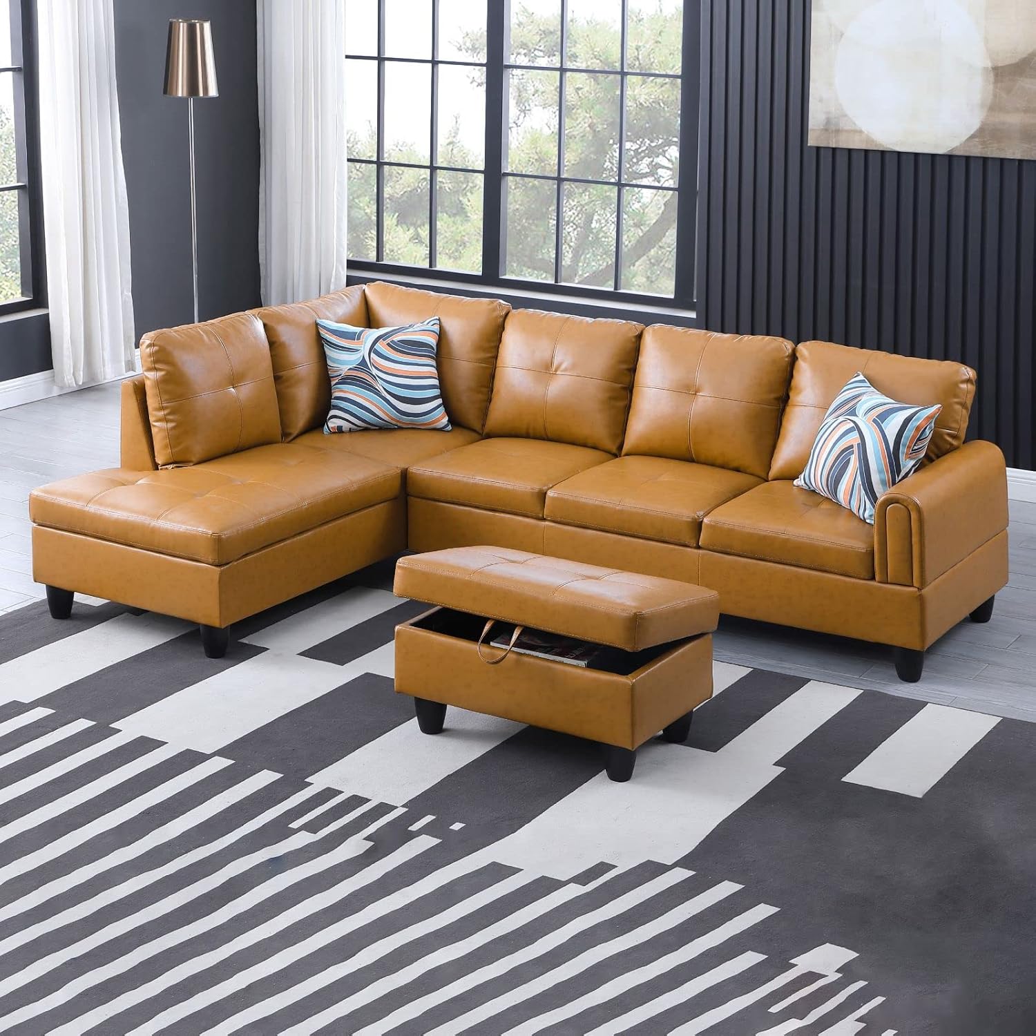 ((Incomplete only ottoman))EMKK L-Shaped Sectional Upholstered Sofa with Storage Ottoman, Faux Leather Corner Couch, Cushions, for Office, Living Room Furniture Set, Apartment, Ginger