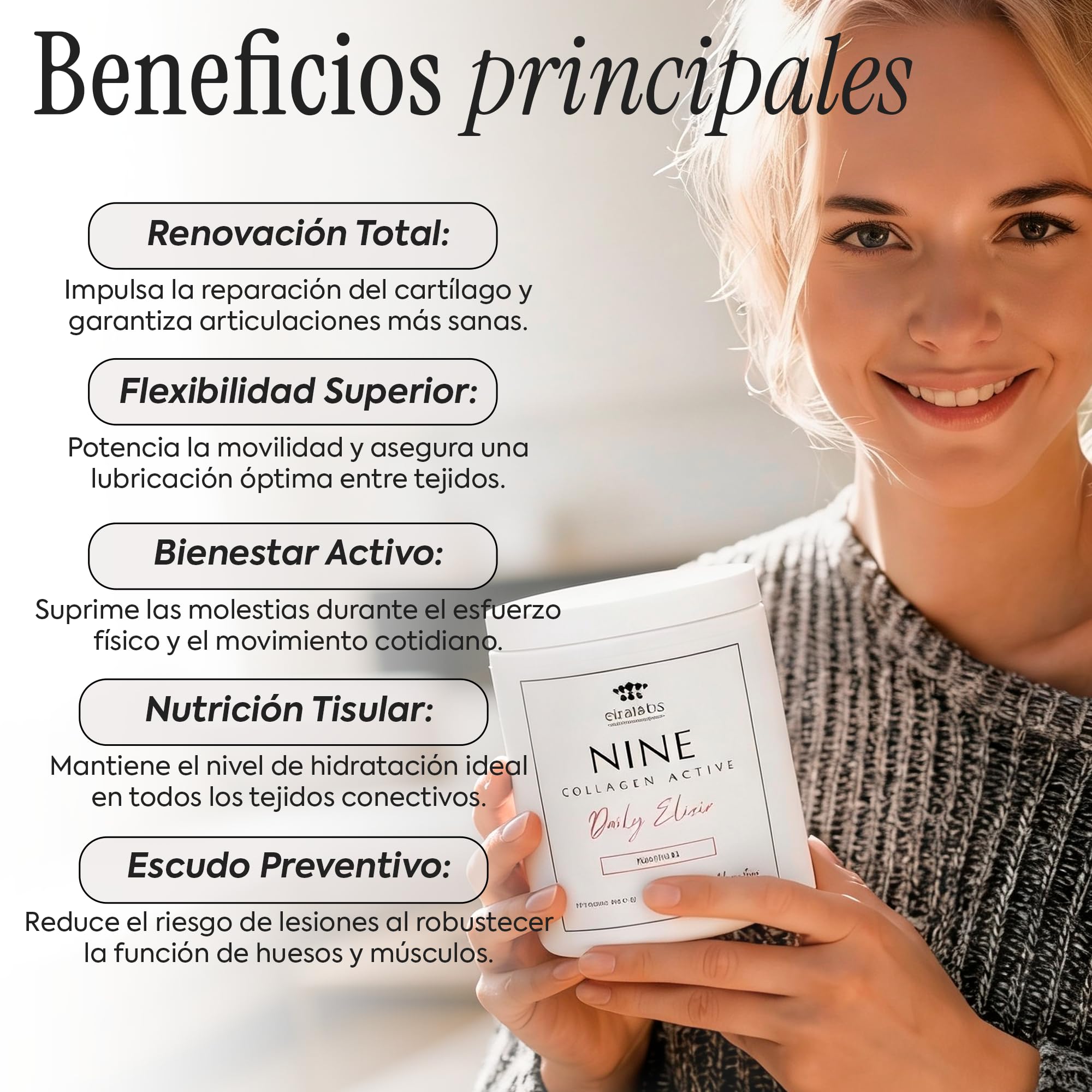Nine Collagen Active Daily Ellixir - Kolagen z biotyną, niacyną, cynkiem oraz witaminami C i E w celu poprawy elastyczności skóry oraz wzmocnienia włosów i paznokci - Naturalny smak