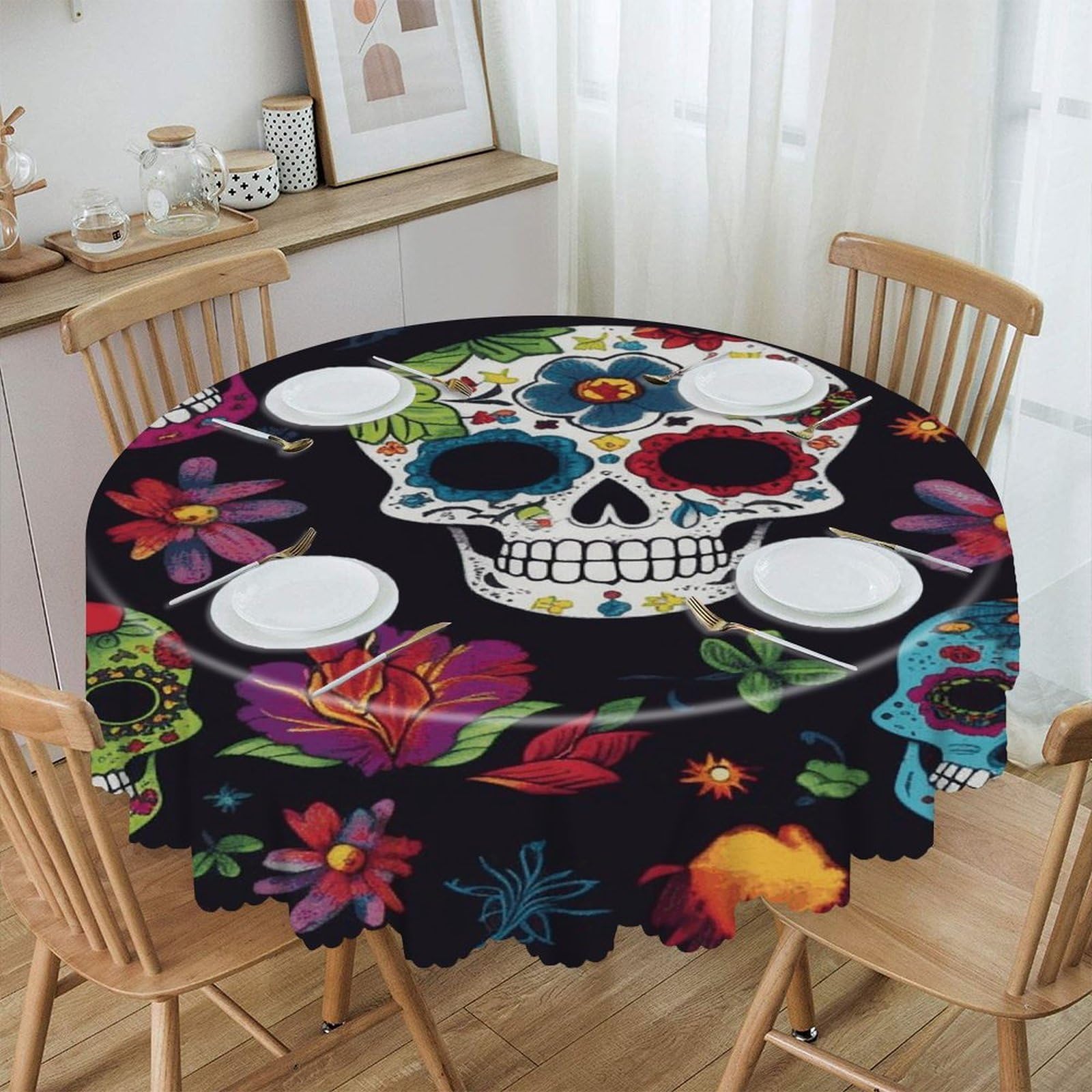 VstaDank Flower Cactus Sugar Skull Round Tablecloth Premium Polyester Table Cloth Heavy Duty Washable Fabric Tablecloth Waterproof Holiday Table Cover Decorative Tablecloths for Dining 60"