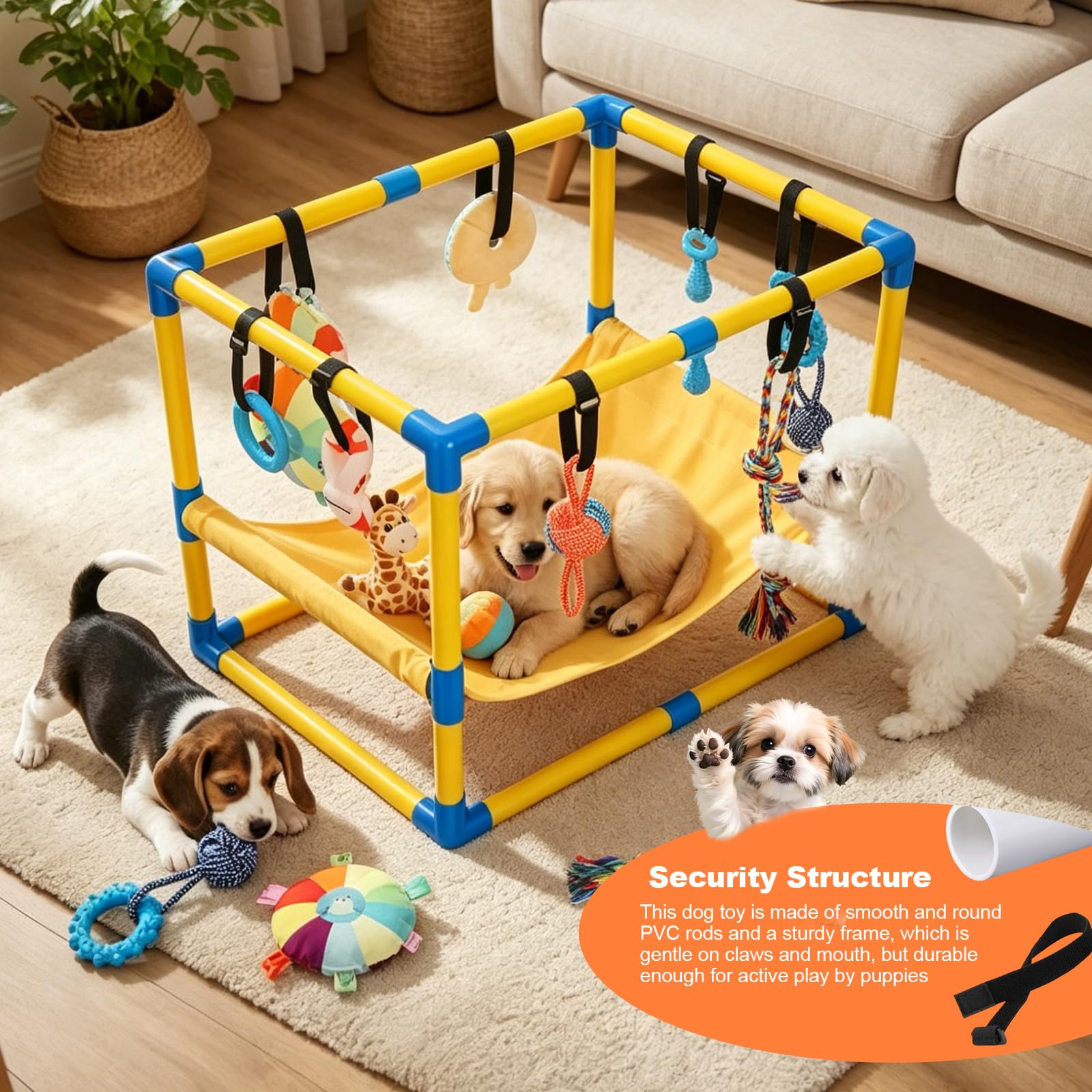 Welpenspielstudio mit 8 hängenden Spielzeugen, 60 x 40 x 40 cm für den Innenbereich | Play Gym Interaktives Hundetrainer mit Hängematte und Isomatte, PVC-Rahmen, Welpen-Fitnesscenter für Welpen