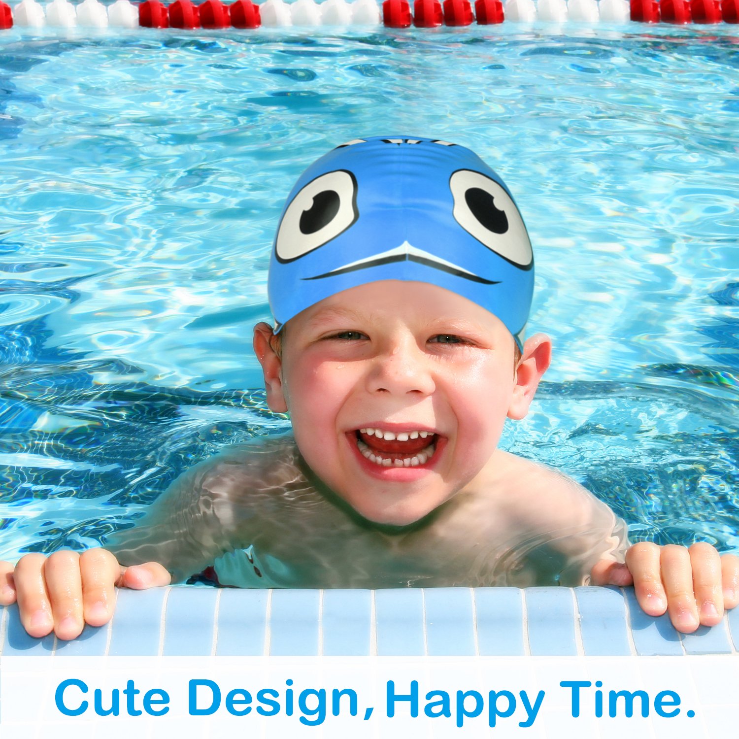 MoKo Swimming Cap for Kids, Cute Waterproof Soft Silicone Swim Cap Cartoon Style High Elastic Swimming Hat for Boys & Girls Bathing Cap for Children - Blue Fish