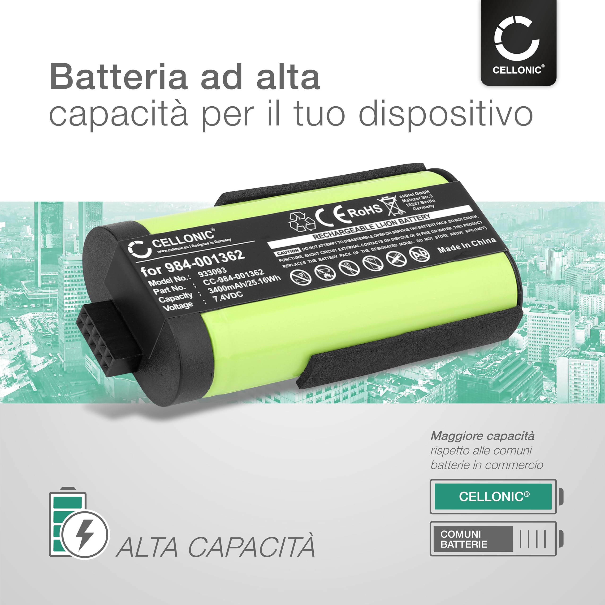 CELLONIC 1x Batteria per Altoparlante Compatibile con Ultimate Ears Boom 3, Compatibile con Logitech UE Boom 3, Ultimate Ears Boom 3, 084-000845 – (3400mAh, 7.4V)