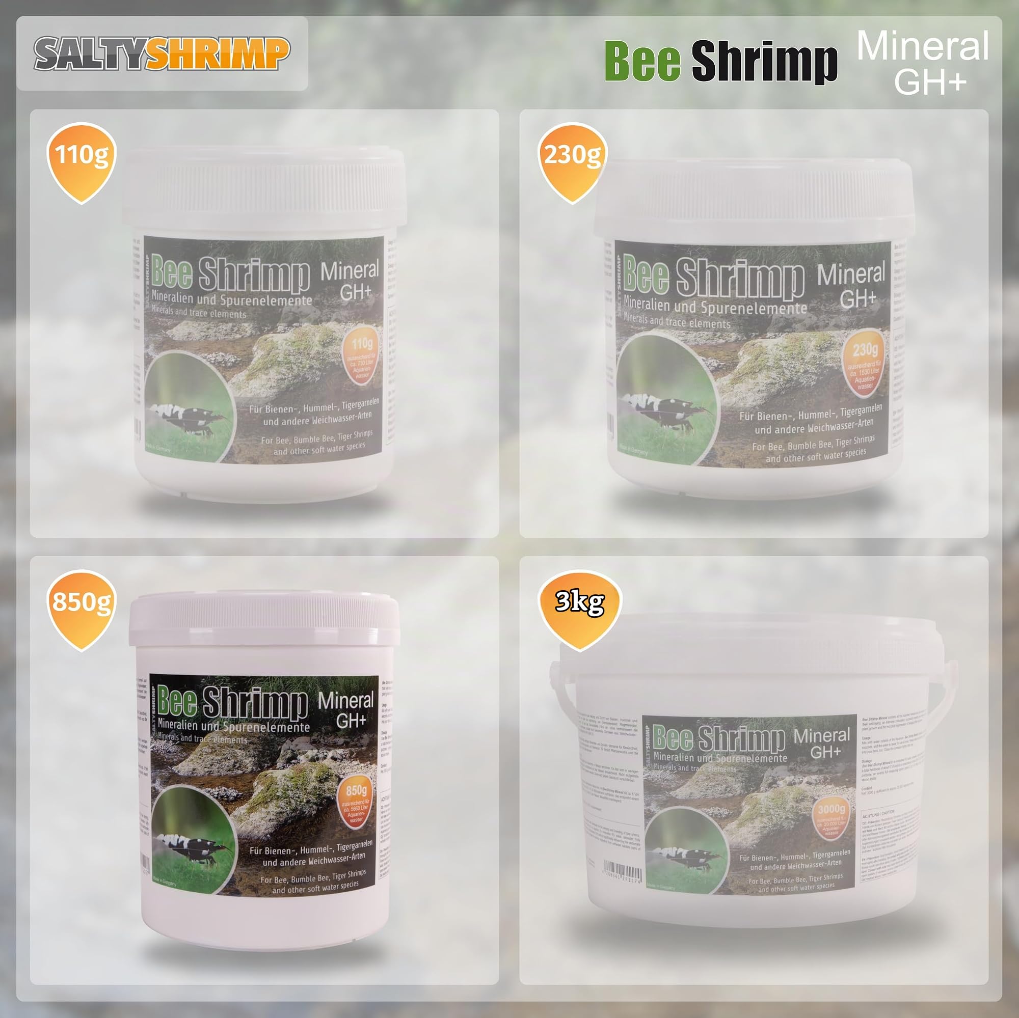 Bee Shrimp Mineral GH+ | 850g – Mineralsalz, speziell für Bienen-, Hummel- und Tigergarnelen entwickelt. Anhebung der Gesamthärte des Wassers