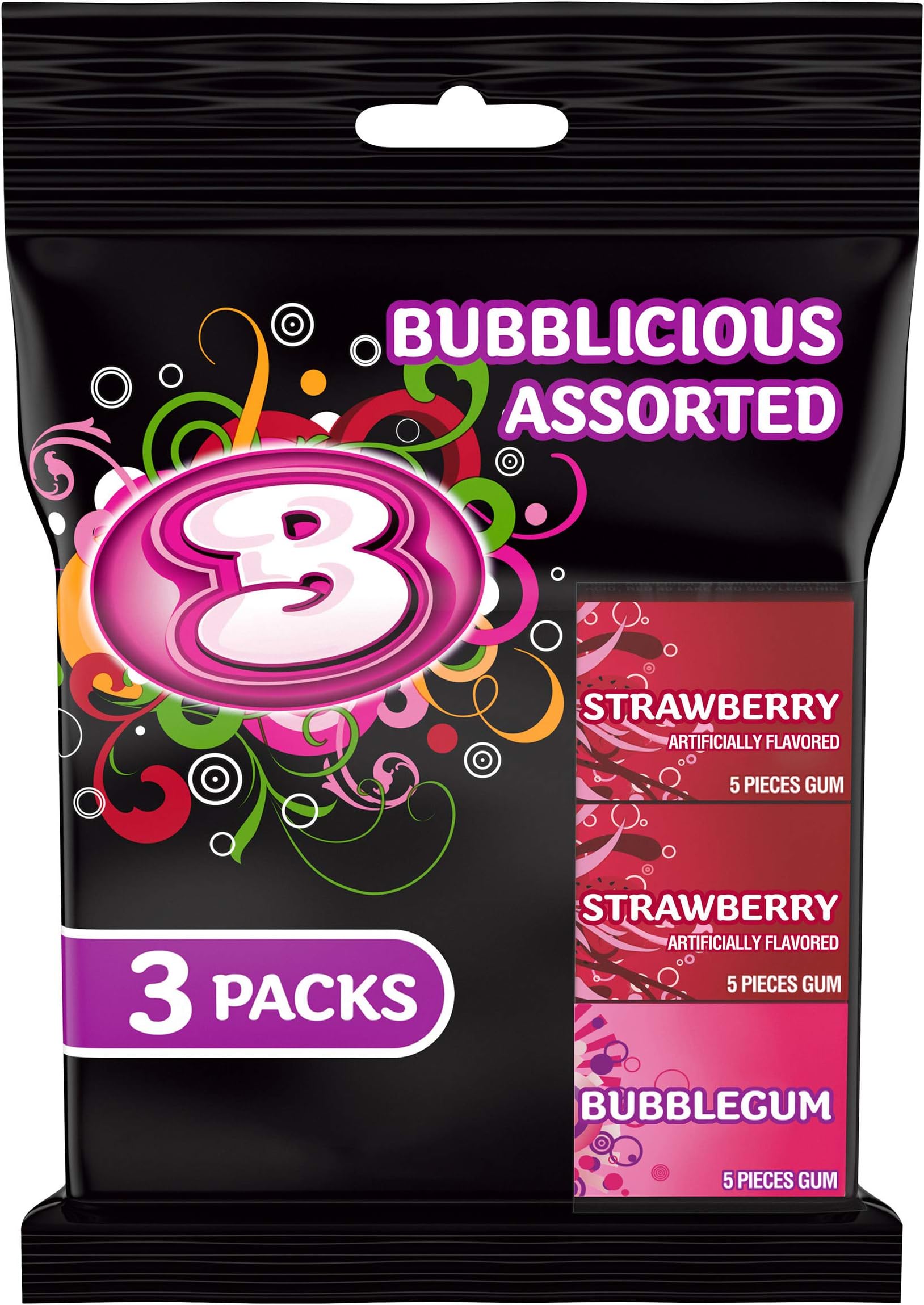 Bubblicious Strawberry & Bubblegum Gum Variety Pack, 3 Packs of 5 Pieces (15 Total Pieces)