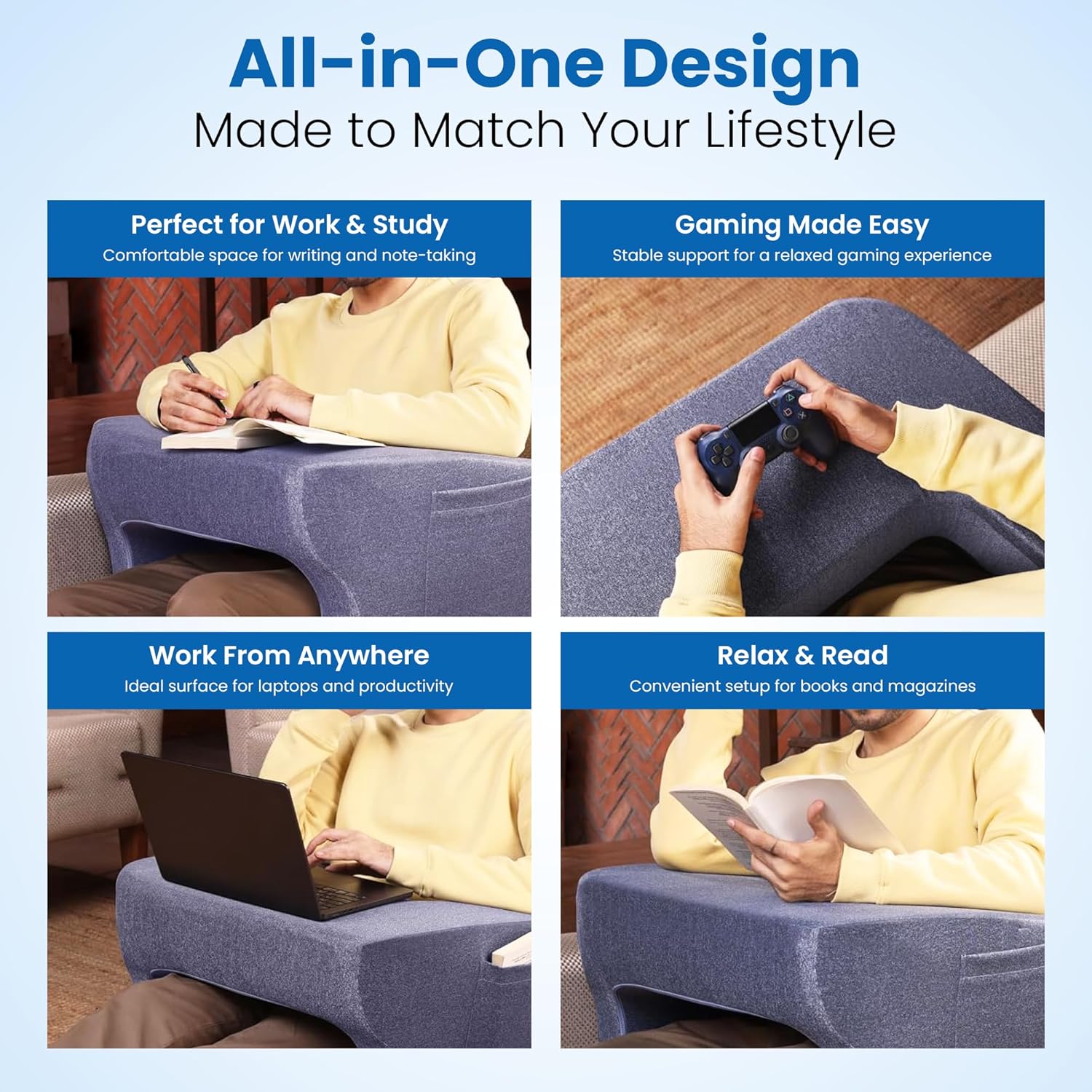 WELLGIVER Portable Desk Cushion for Computer Sofa Bed Floor Ergonomic Gaming Desk with Armrest Desk Accessories for Reading, Playing and Studying, Black