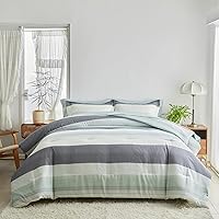 Vista 6 de Flysheep Juego de edredón bohemio de 3 piezas, tamaño Full/Queen, verde salvia, blanco y gris a rayas estampado, juego de ropa de cama de microfibra