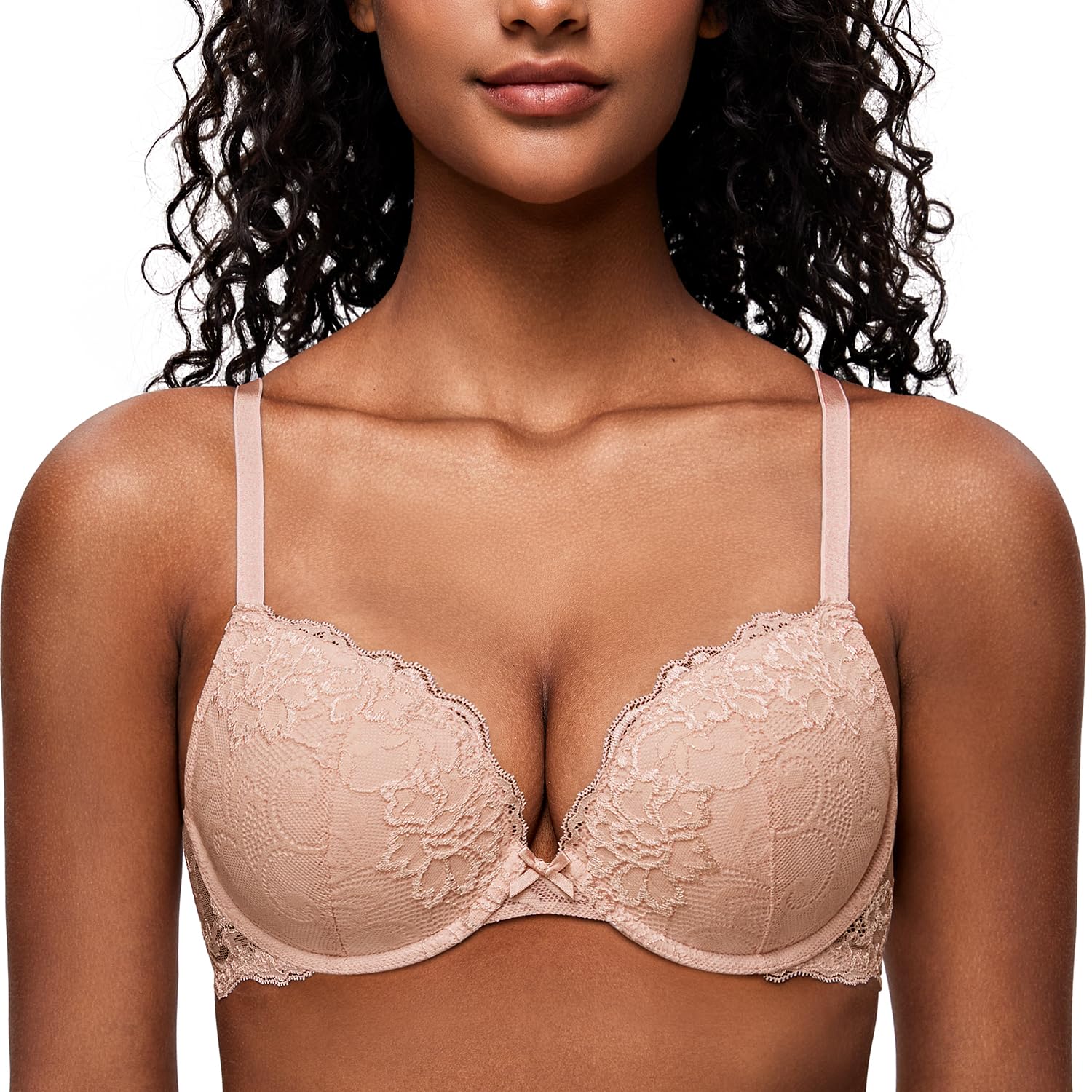 Deyllo Women’s Push Up Lace Bra Comfort Padded Underwire Bra Lift Up Add One Cup