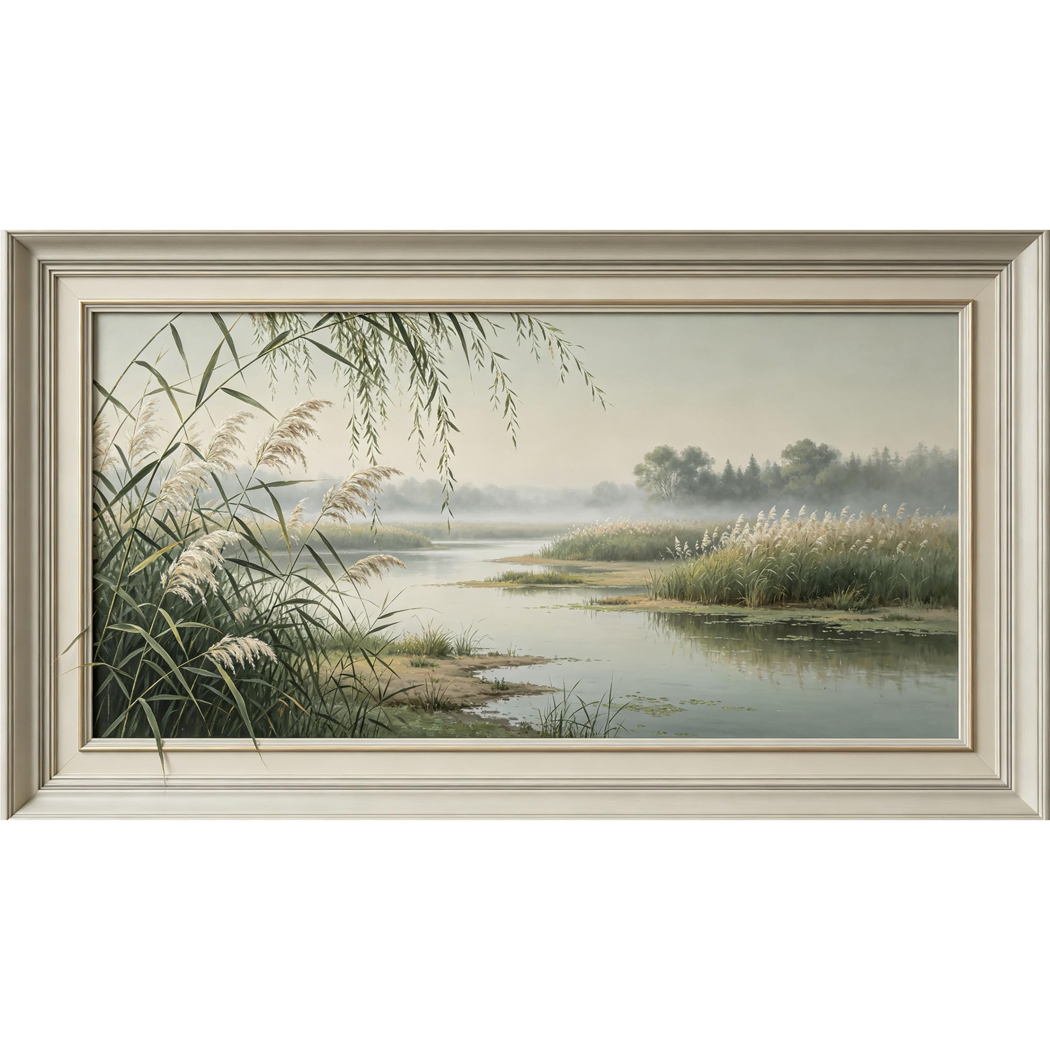 QZLITHOTIC 50x90cm3D Framed Wall Art， Serene Lake Landscape Botanical Reed Meadow Self‑Adhesive Mural， Water‑Activated Peel & Stick Fabric Decor Wall Decal for Bedroom Living Room