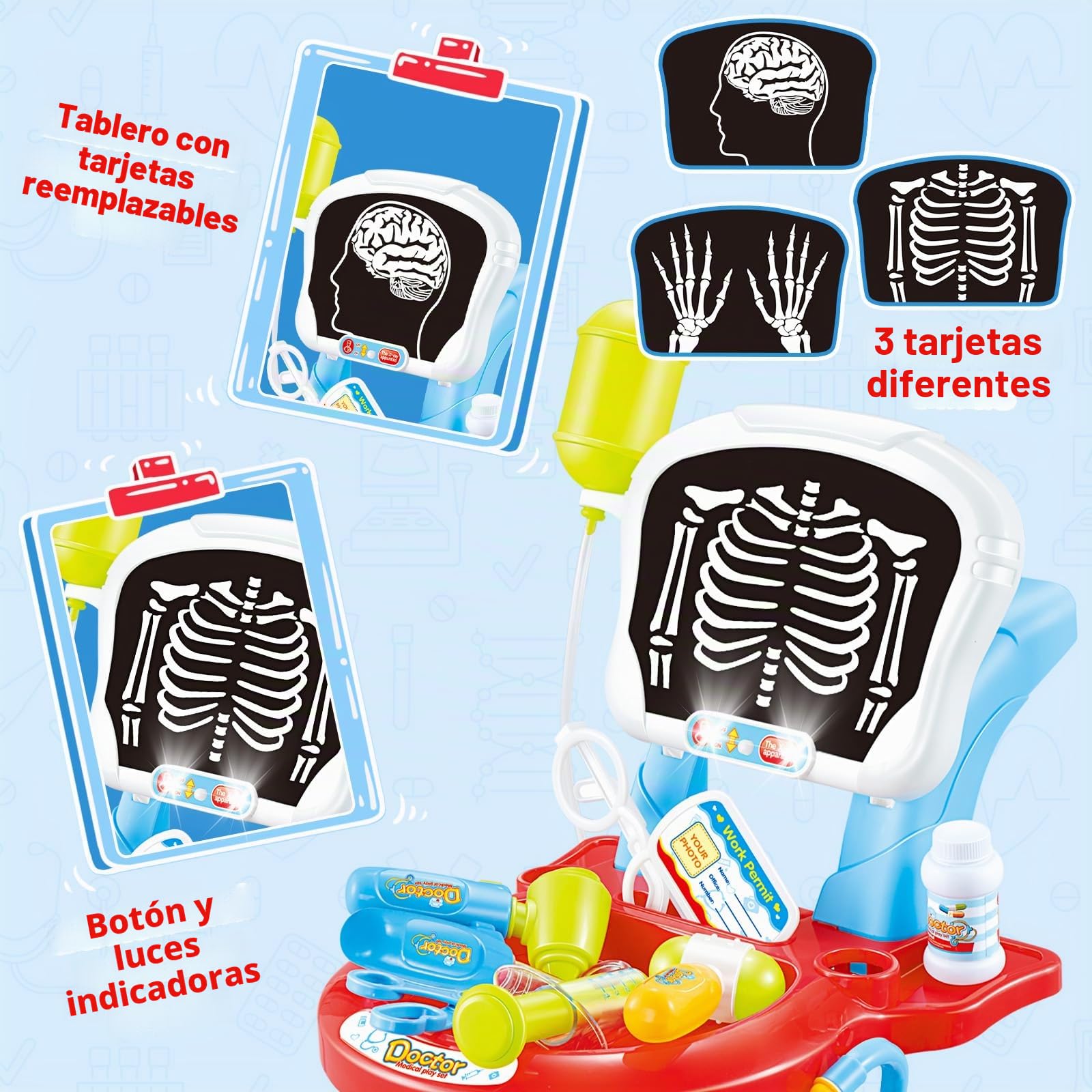 deAO Mi Pequeño Doctor Playset Centro Médico Portatil Maletín a Ruedas Juego de Imitación Incluye 24PCS Accesorios,Juguetes de Medicos con Luces y Sonido