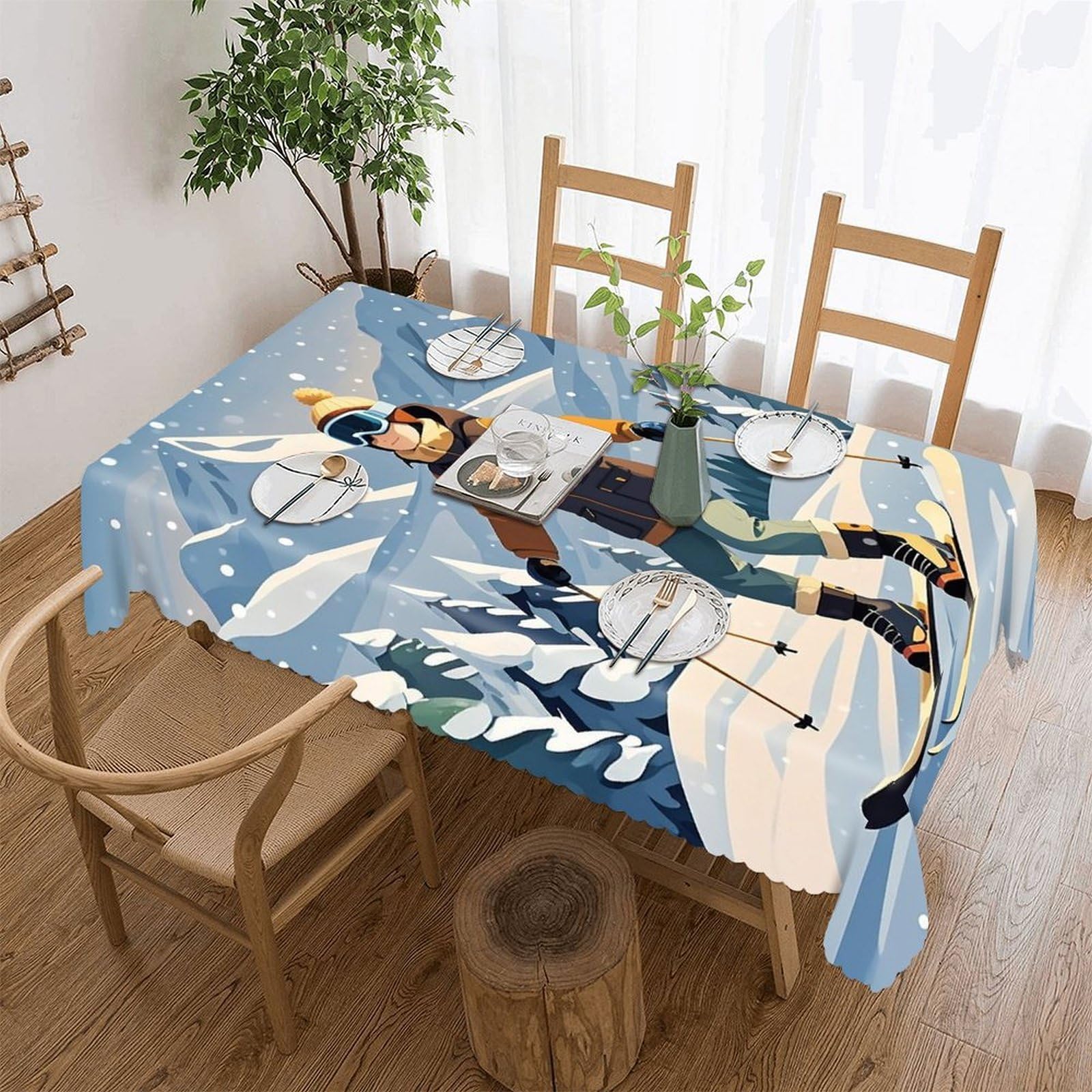 LZQPOEAS Skiing Theme Tablecloth Rectangle Table Cloth Decorative Fabric Table Cover Waterproof Seasonal Table Cover Wrinkle Resistant Washable Table Cloth for Party Picnic Dinner Decor 55"x70"