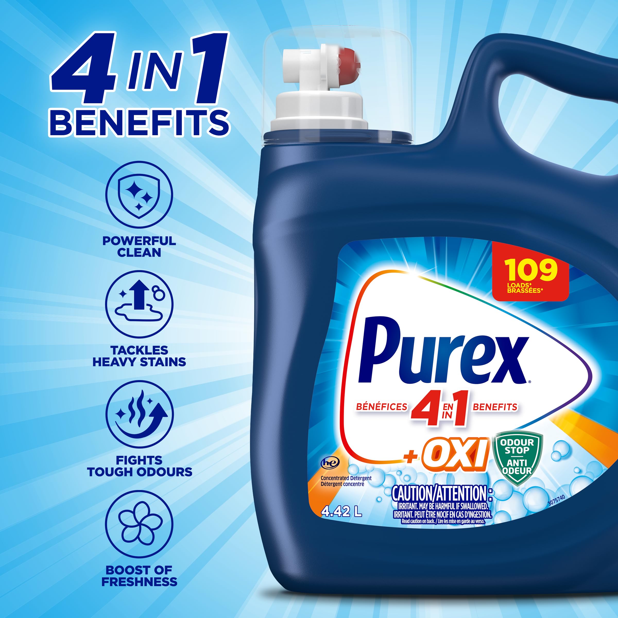 Purex Plus Oxi, Concentrated Liquid Laundry Detergent with 4in1 benefits, Tough on Stains, Brightens and Whitens Clothes, 4.42L, 109 Wash Loads, HE Compatible - 5